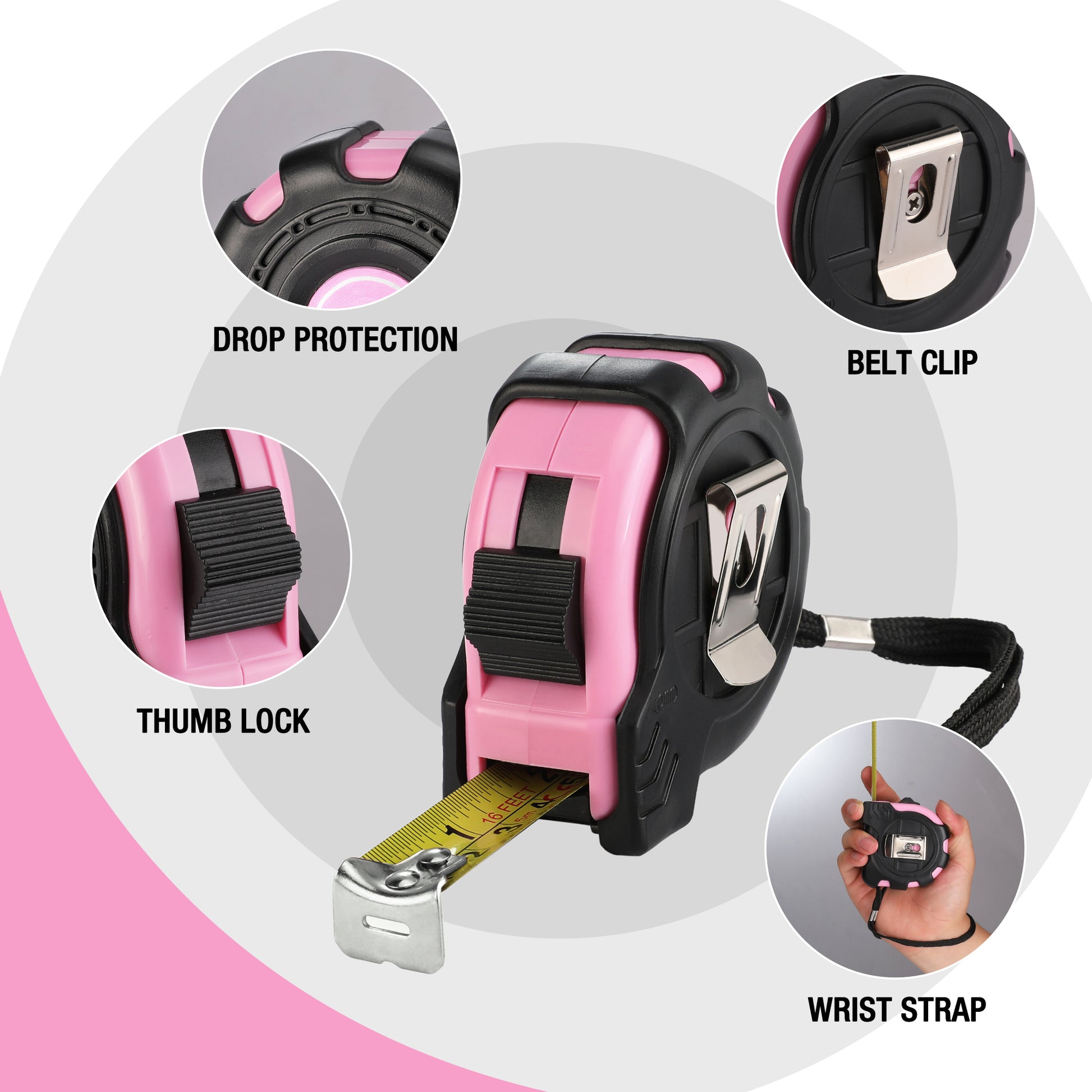 Pink retractable tape measure with belt clip, thumb lock, and wrist strap detail