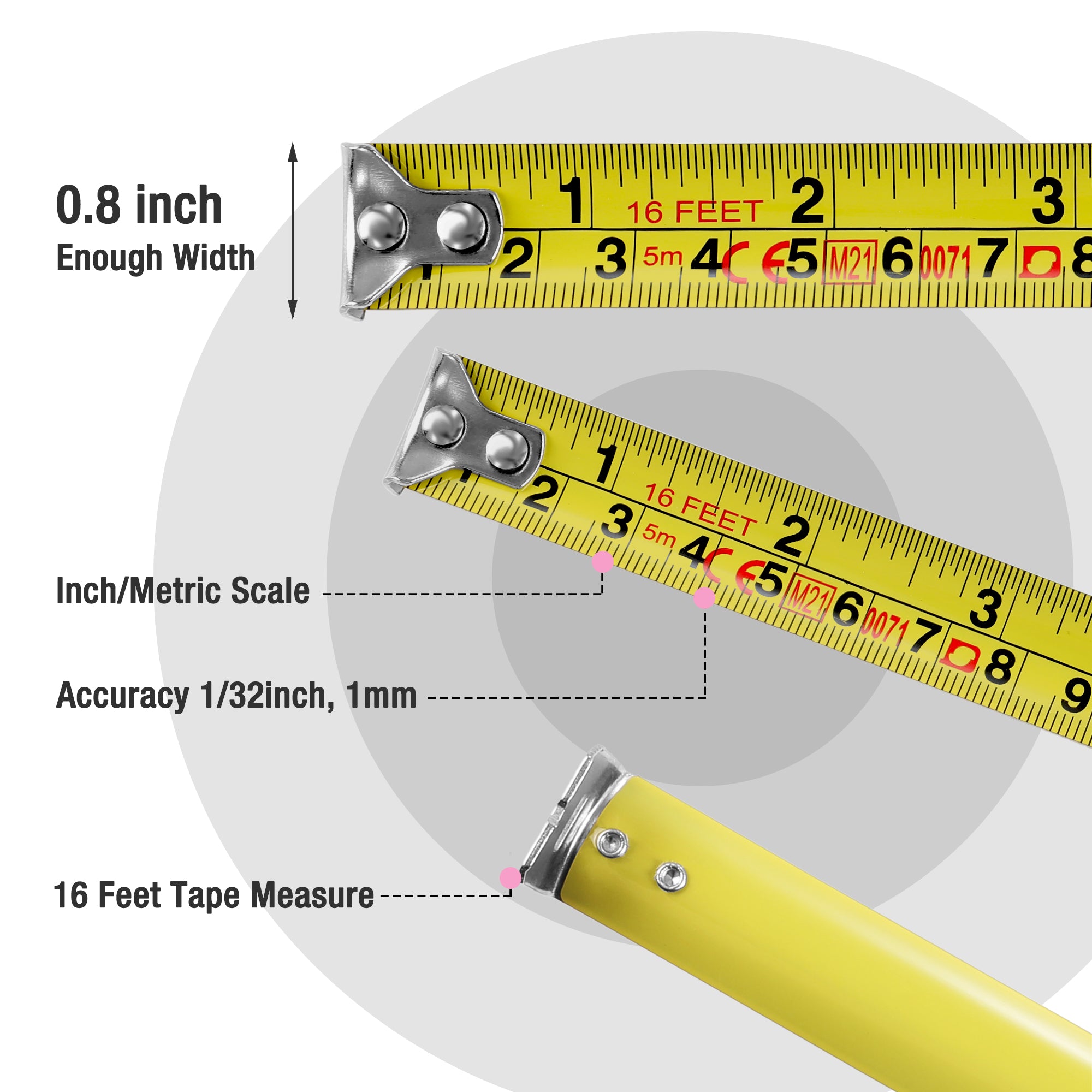 Yellow tape measure showing inch/metric markings with metal hook, tape extended