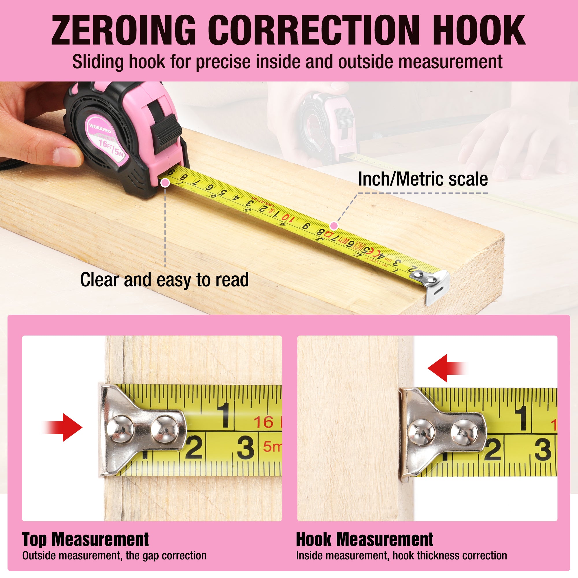 Pink tape measure with metal hook attached to wood for precise measurements