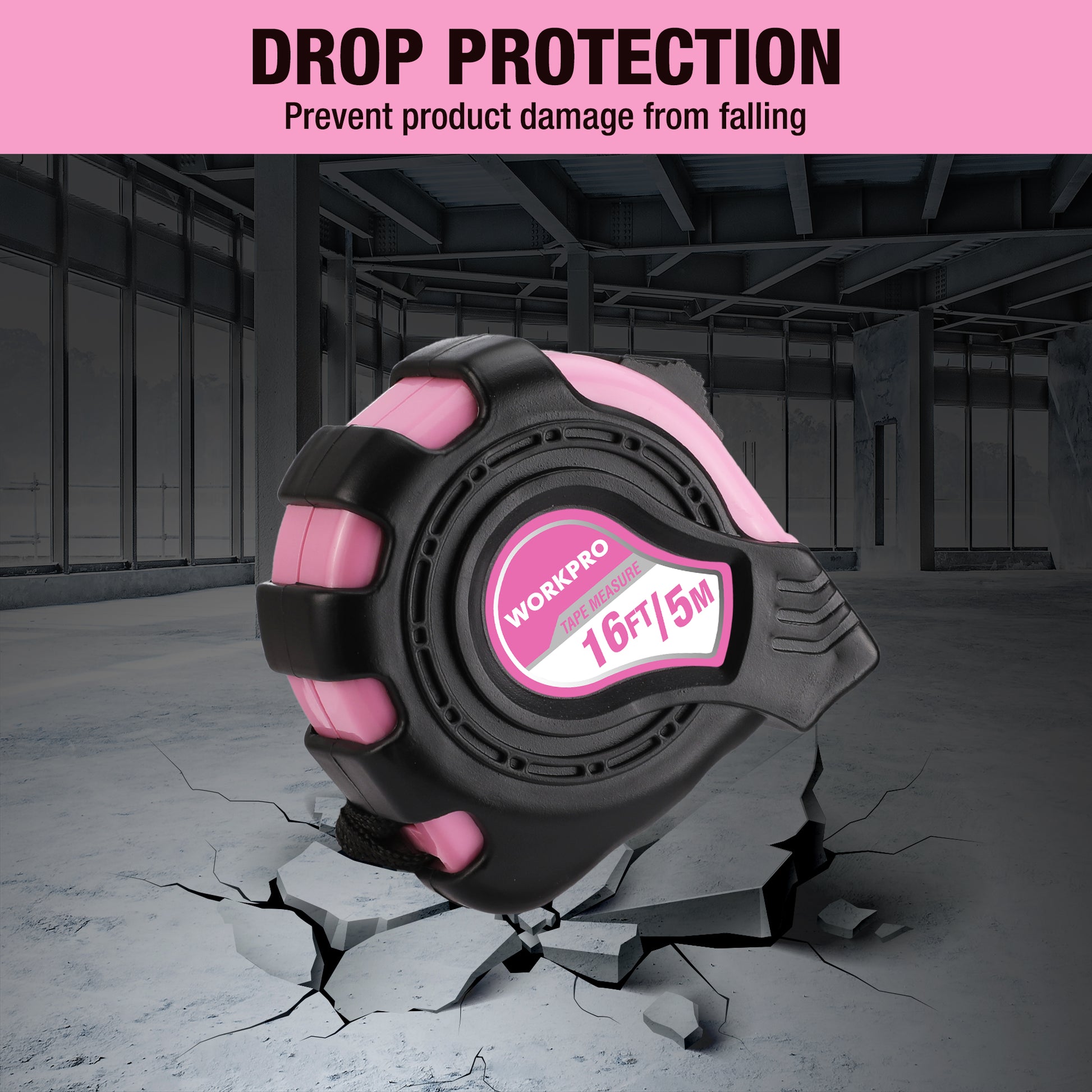 Pink and black tape measure with protective drop-resistant case, tape visible