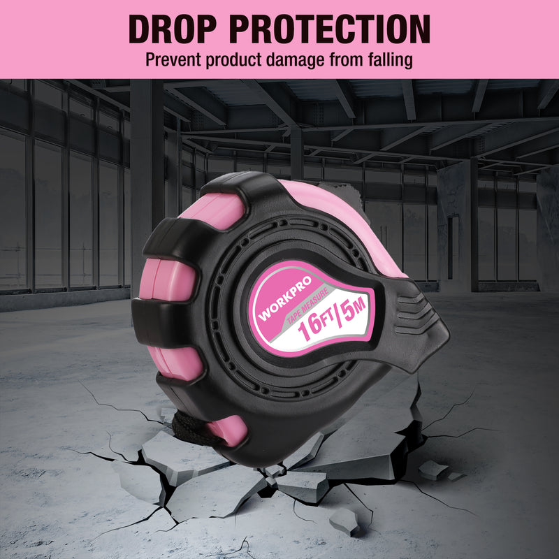 WORKPRO 16FT Pink Tape Measure with Thumb Lock and Belt Clip, Inch/Metric, Accuracy 1/32, 1mm