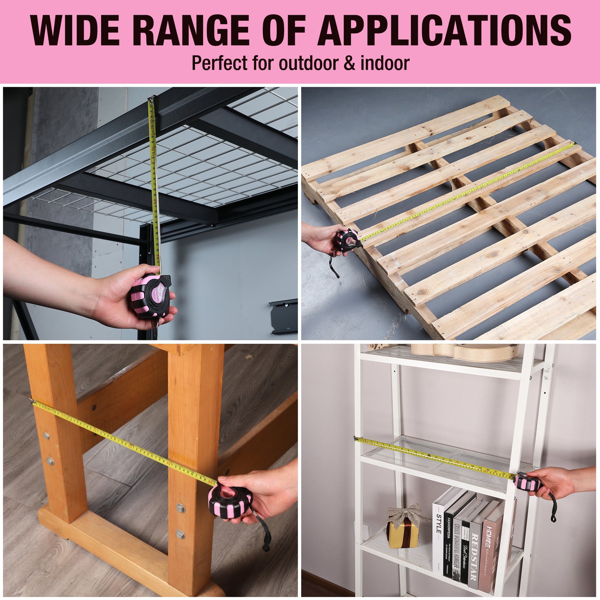 Pink tape measure measuring boards and furniture with tape extended to length