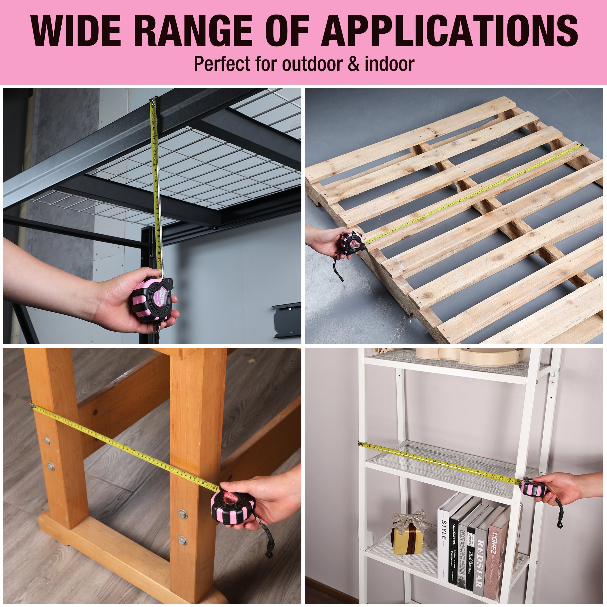 Pink tape measure measuring boards and furniture with tape extended to length