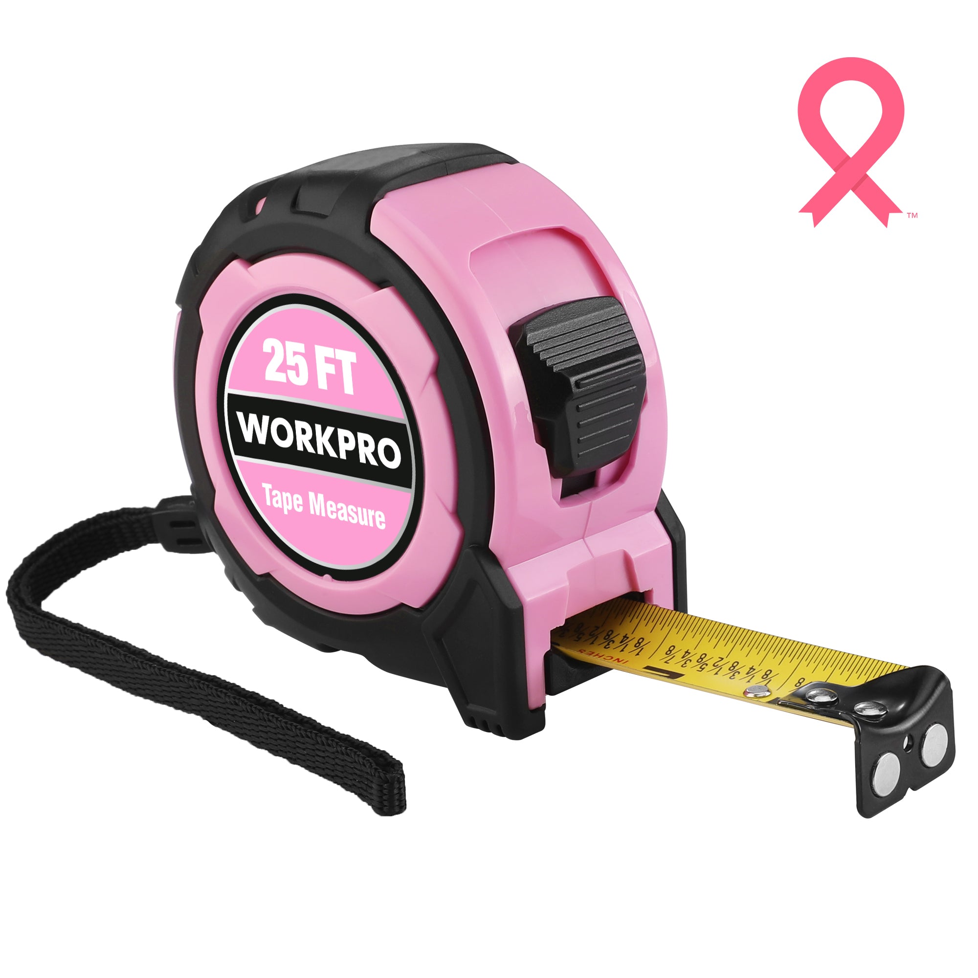 Pink retractable tape measure with magnetic hook, 25 ft casing and belt clip