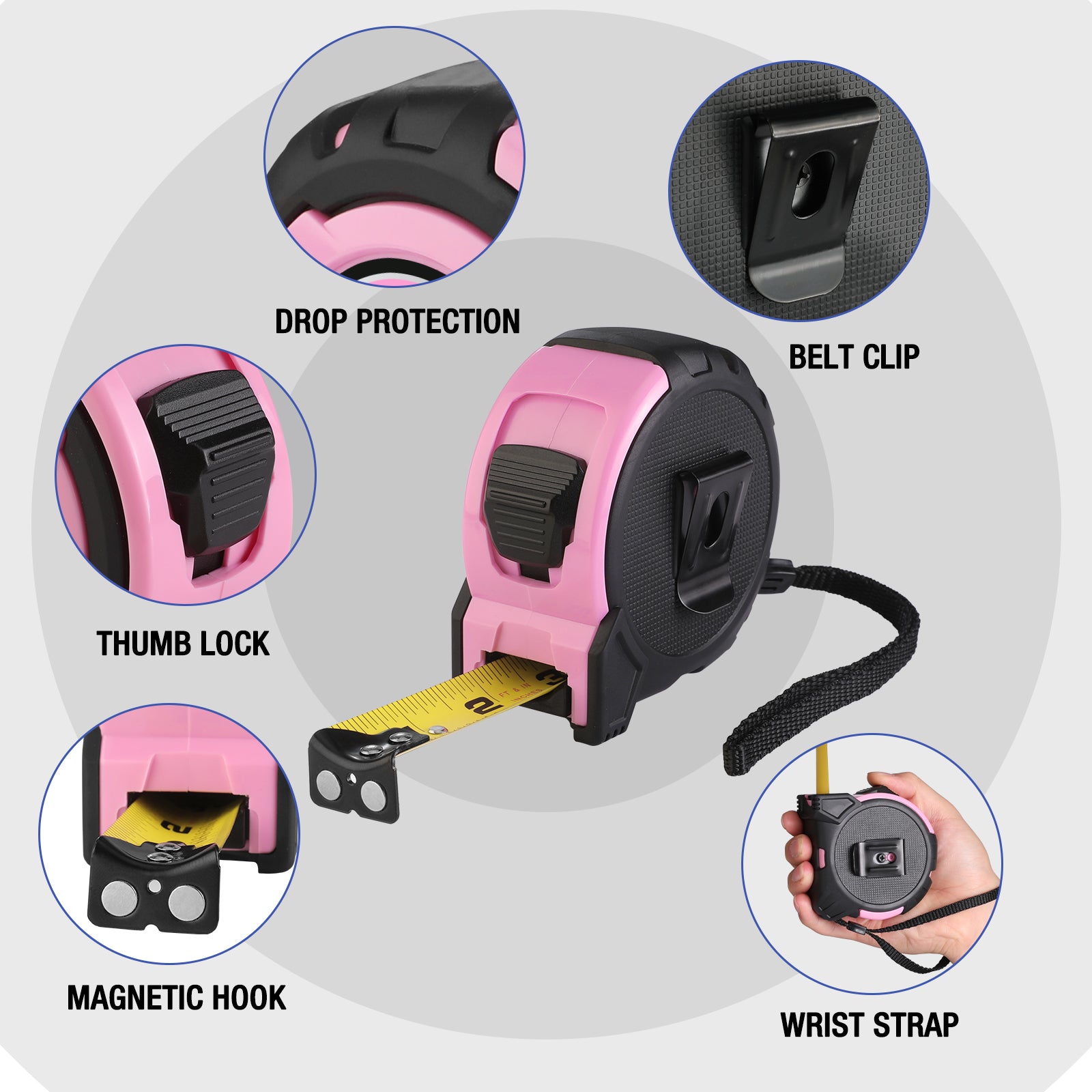Pink retractable tape measure with belt clip, thumb lock, wrist strap and magnetic hook