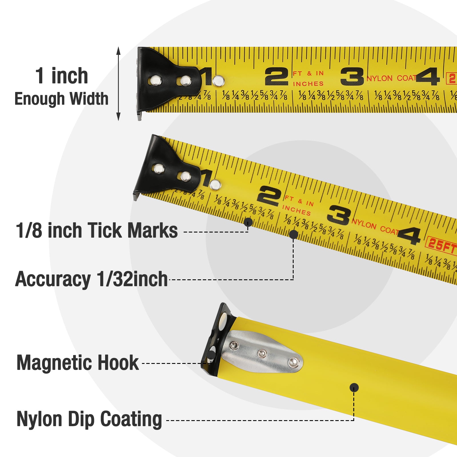 Pink nylon-coated measuring tape with inch markings and magnetic hook end