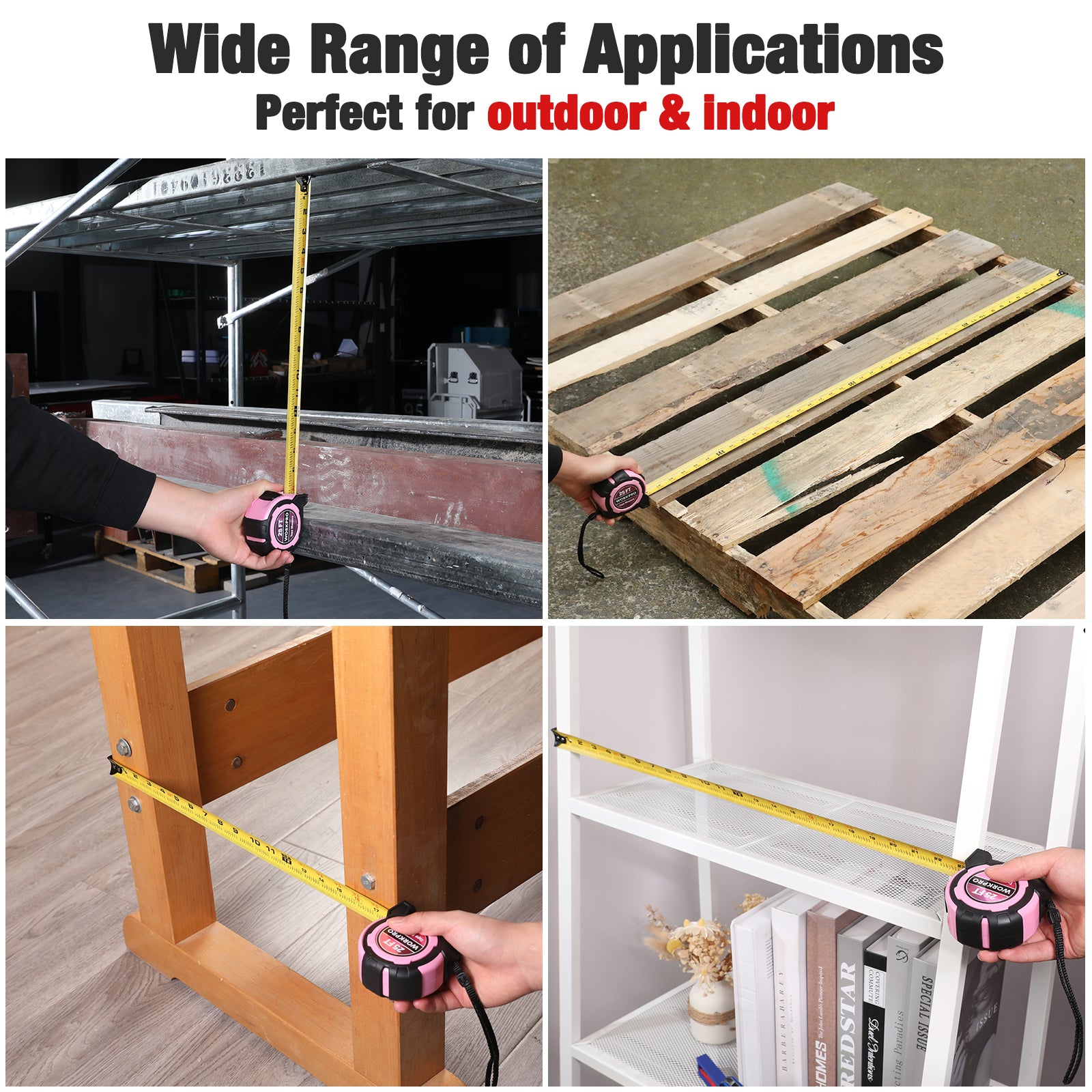 Pink magnetic hook tape measure used for measuring wood, shelves and beams