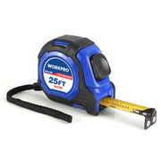 WORKPRO tape measure with blue-and-black housing, yellow tape, and metal magnetic hook