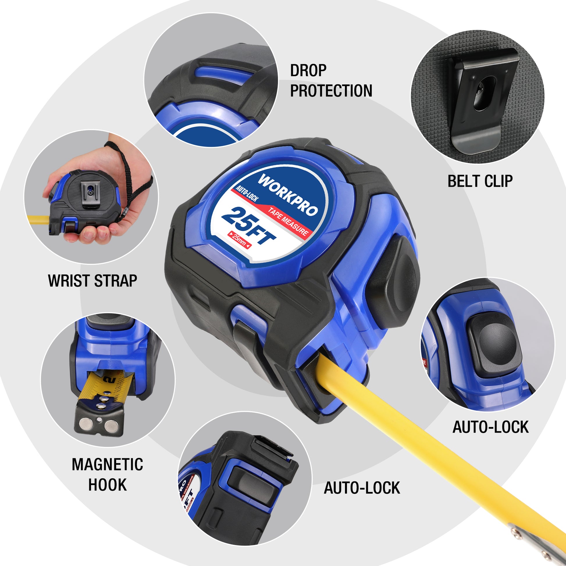 WORKPRO tape measure with yellow auto-lock tape and black side components