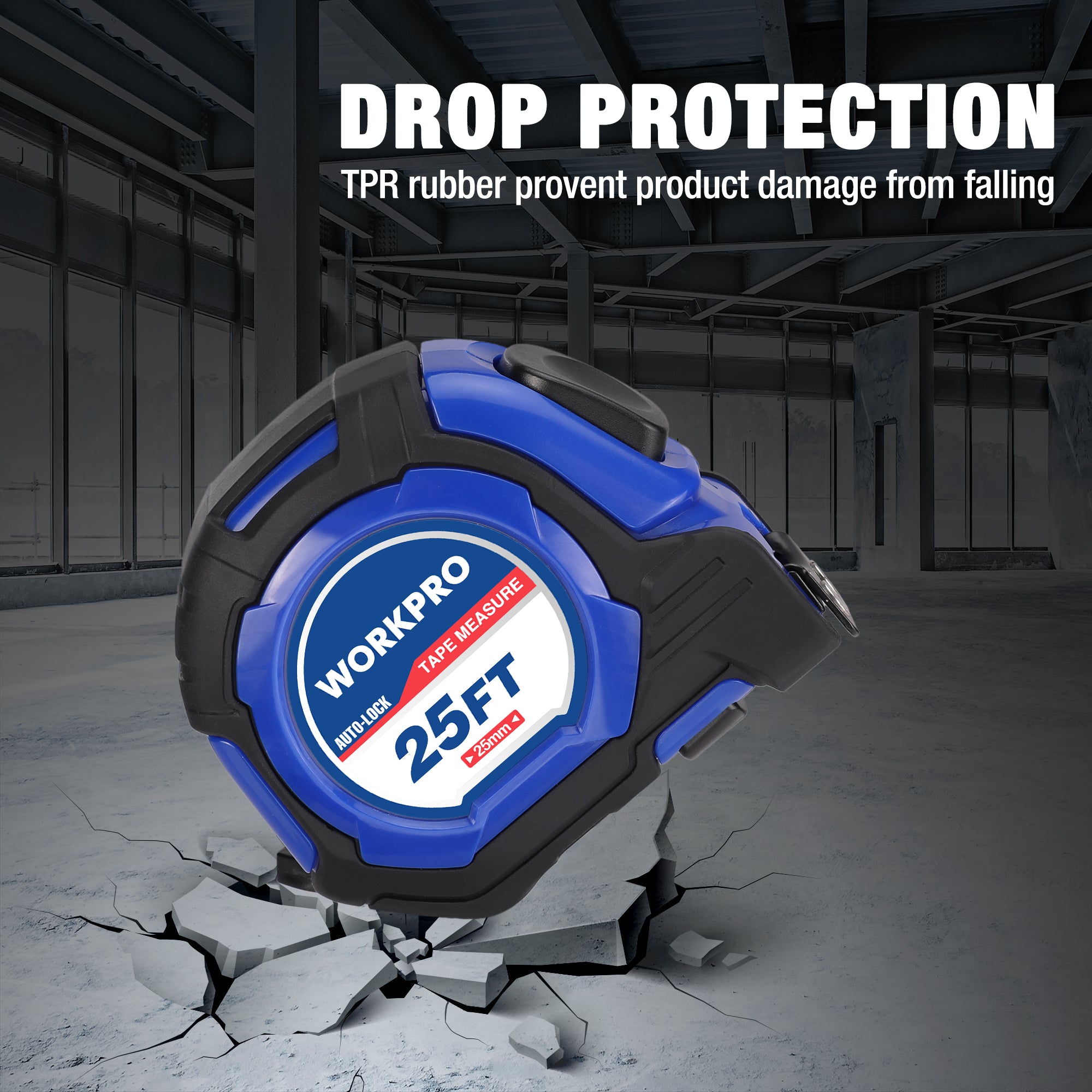 WORKPRO 25 ft tape measure with blue housing and extended yellow measuring tape