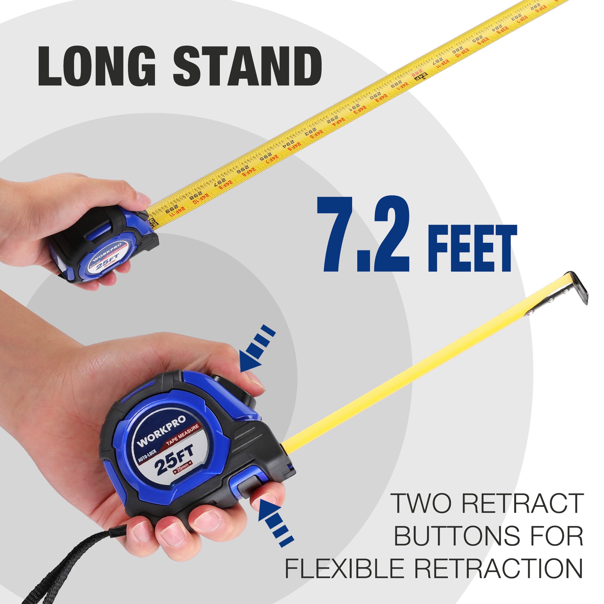 WORKPRO tape measure held in hands with extended yellow tape and inch markings