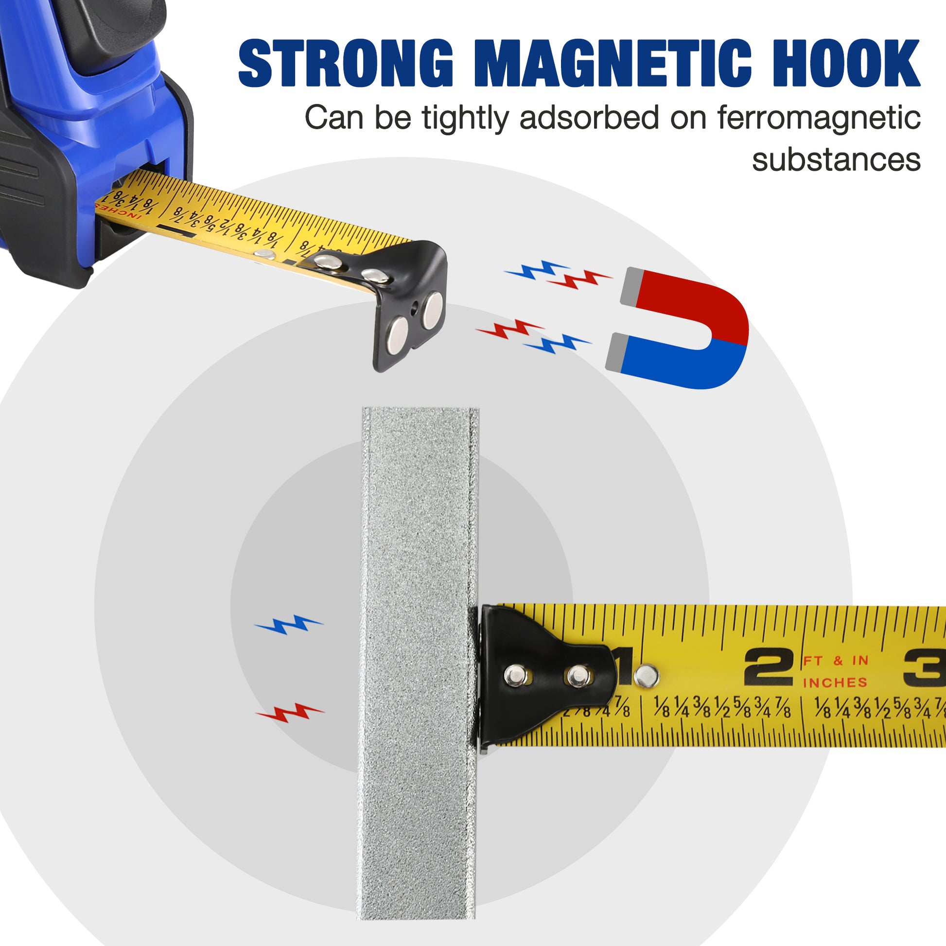 WORKPRO tape measure with strong magnetic hook attached to metal surface