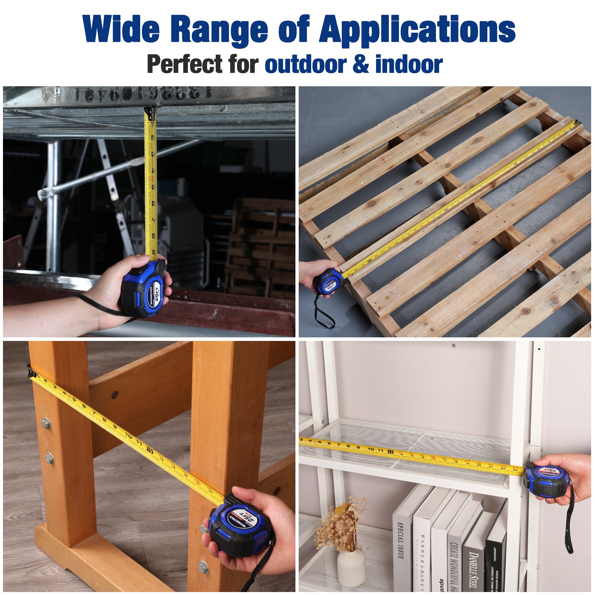 WORKPRO tape measure being used on shelves, wood, and storage areas