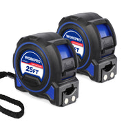 WORKPRO 25ft retractable tape measure twin pack, blue accents, rubber casing, belt clip