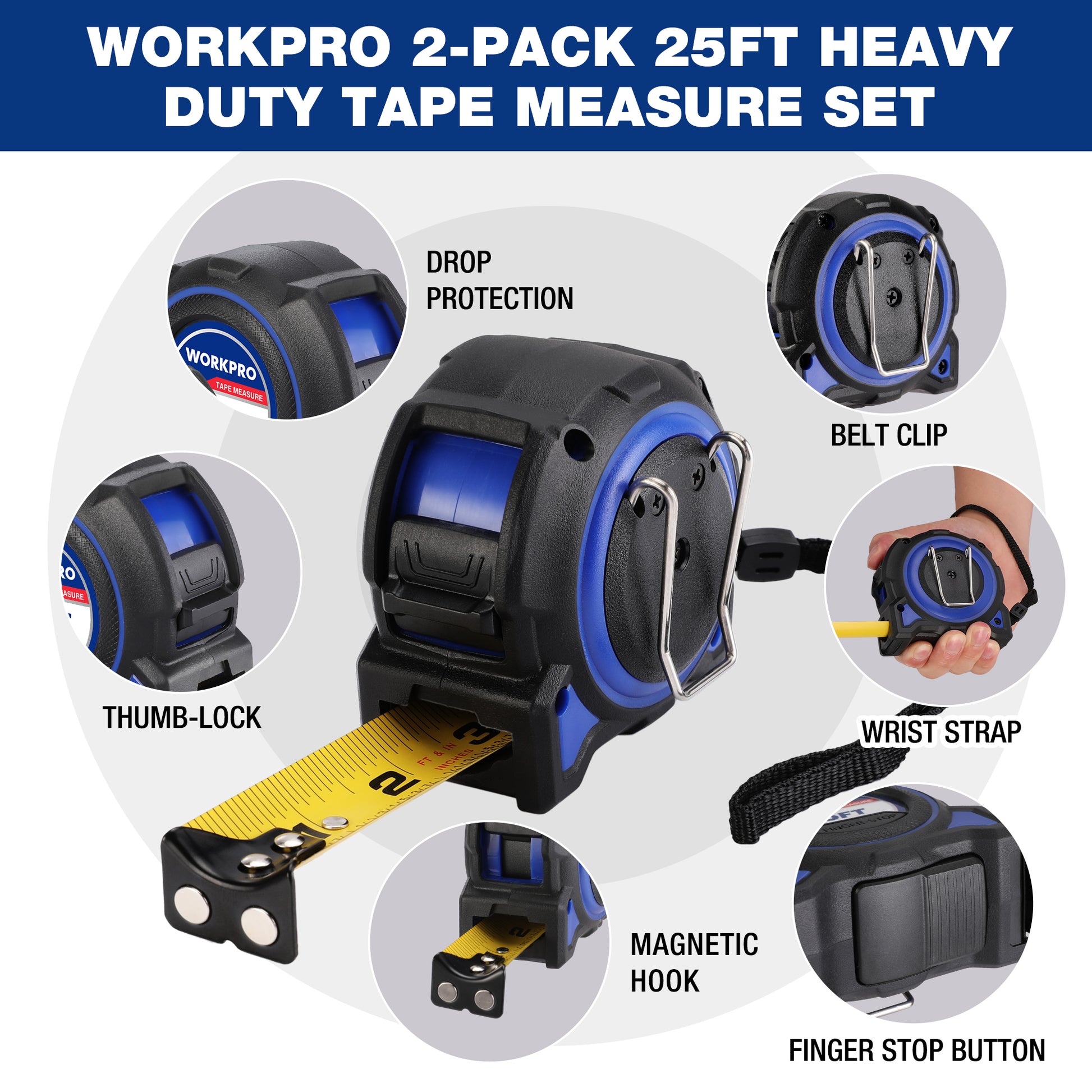 WORKPRO tape measure set with black rubber casing, magnetic hook, belt clip and wrist strap