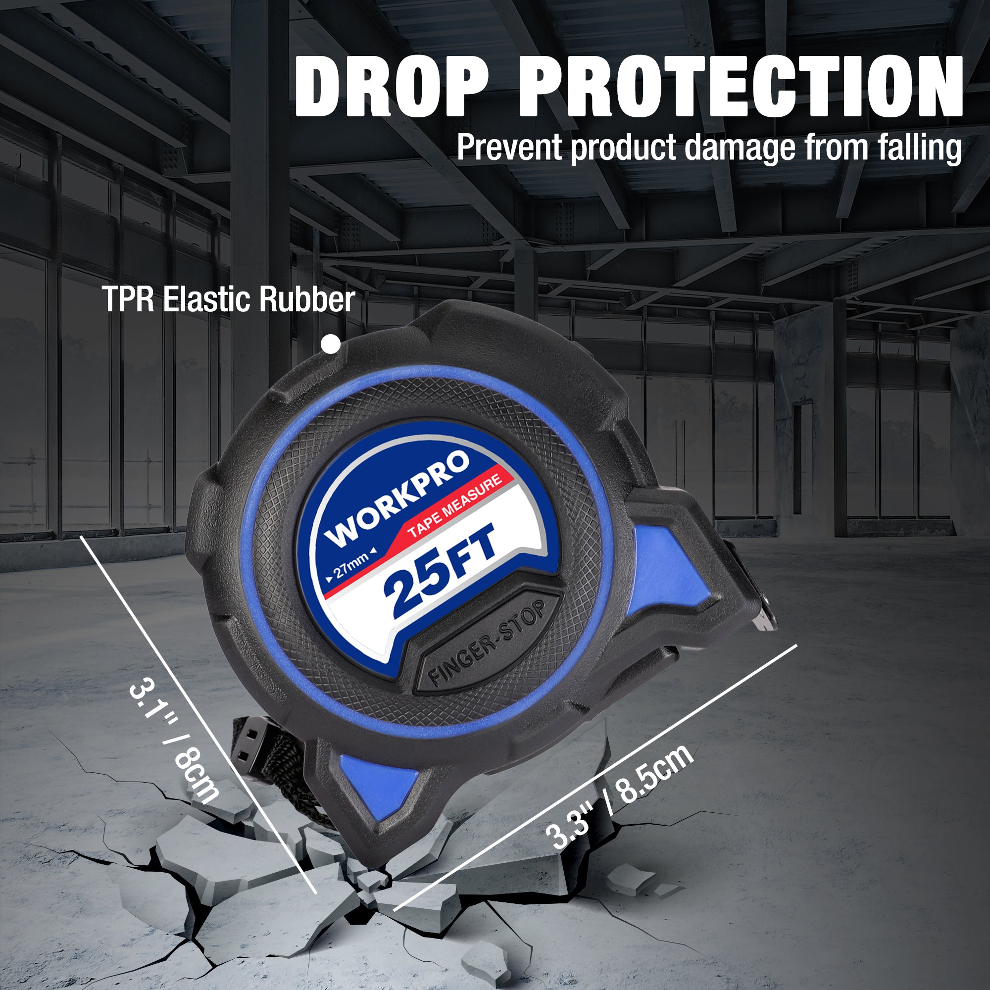 WORKPRO 25ft retractable tape measure with blue trim and rubber drop-protection casing