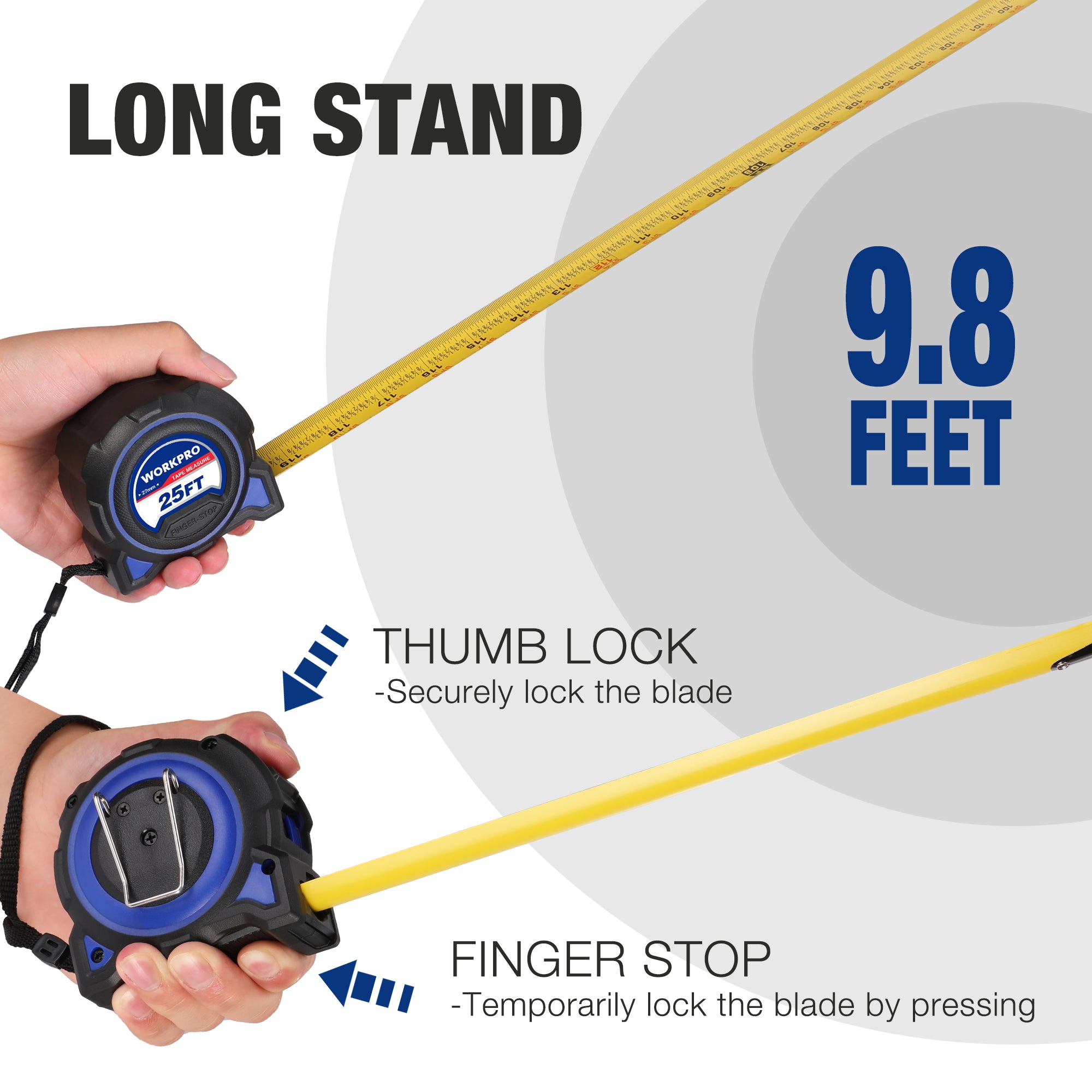 WORKPRO tape measure held in hand, yellow blade extended, thumb lock and finger stop