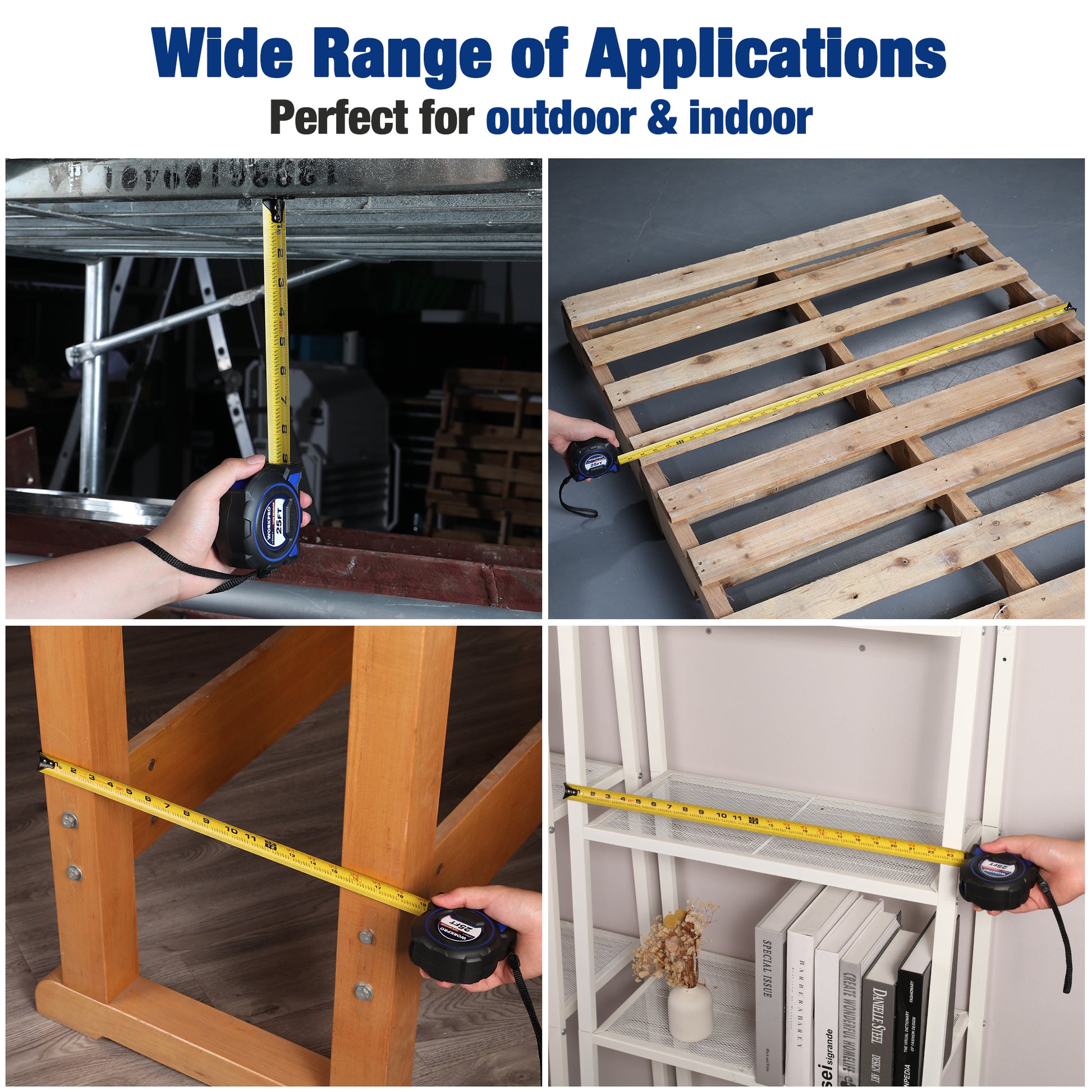 WORKPRO retractable tape measure in use measuring shelves and beams, yellow blade visible
