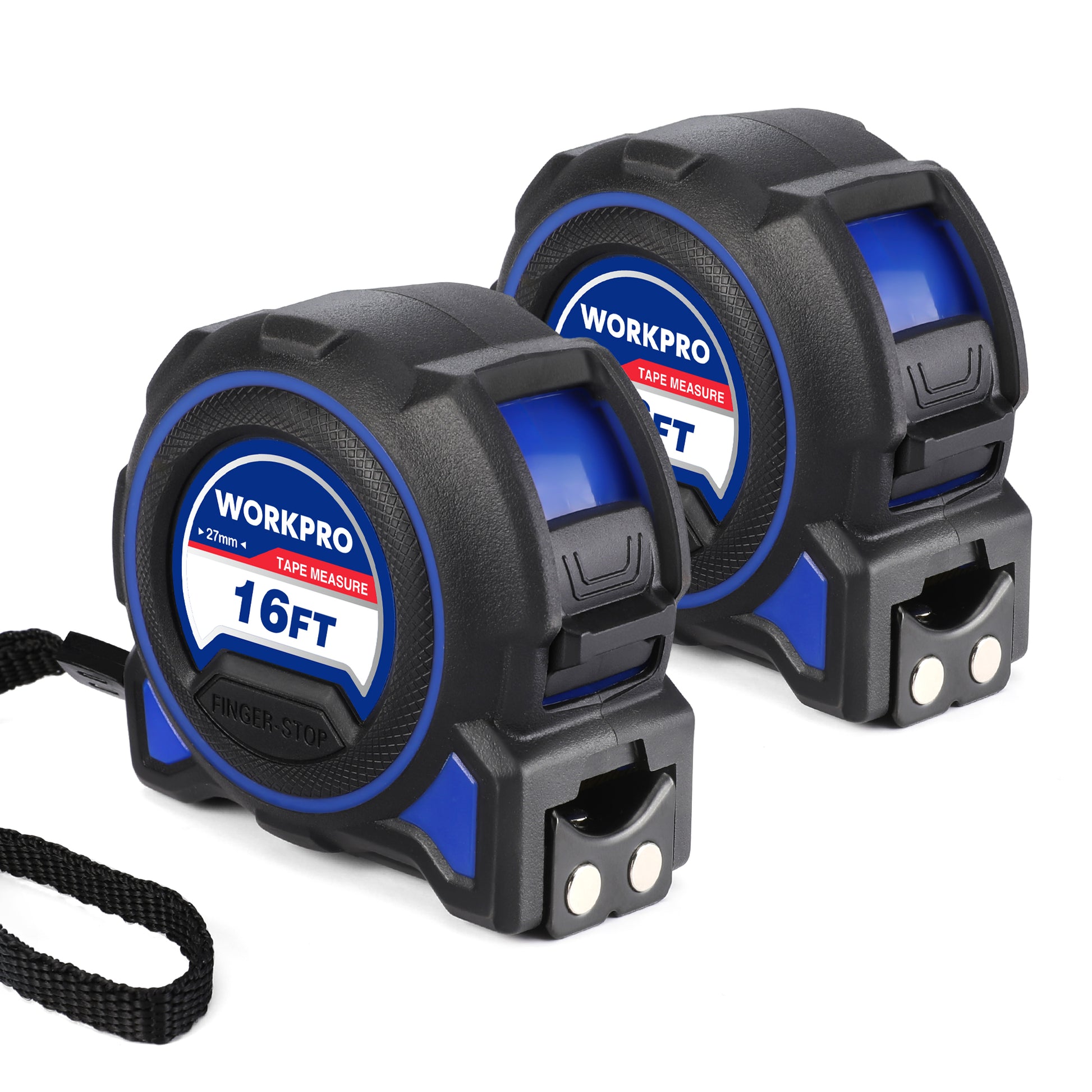 Retractable tape measure set, two black cases with blue accents and belt clip