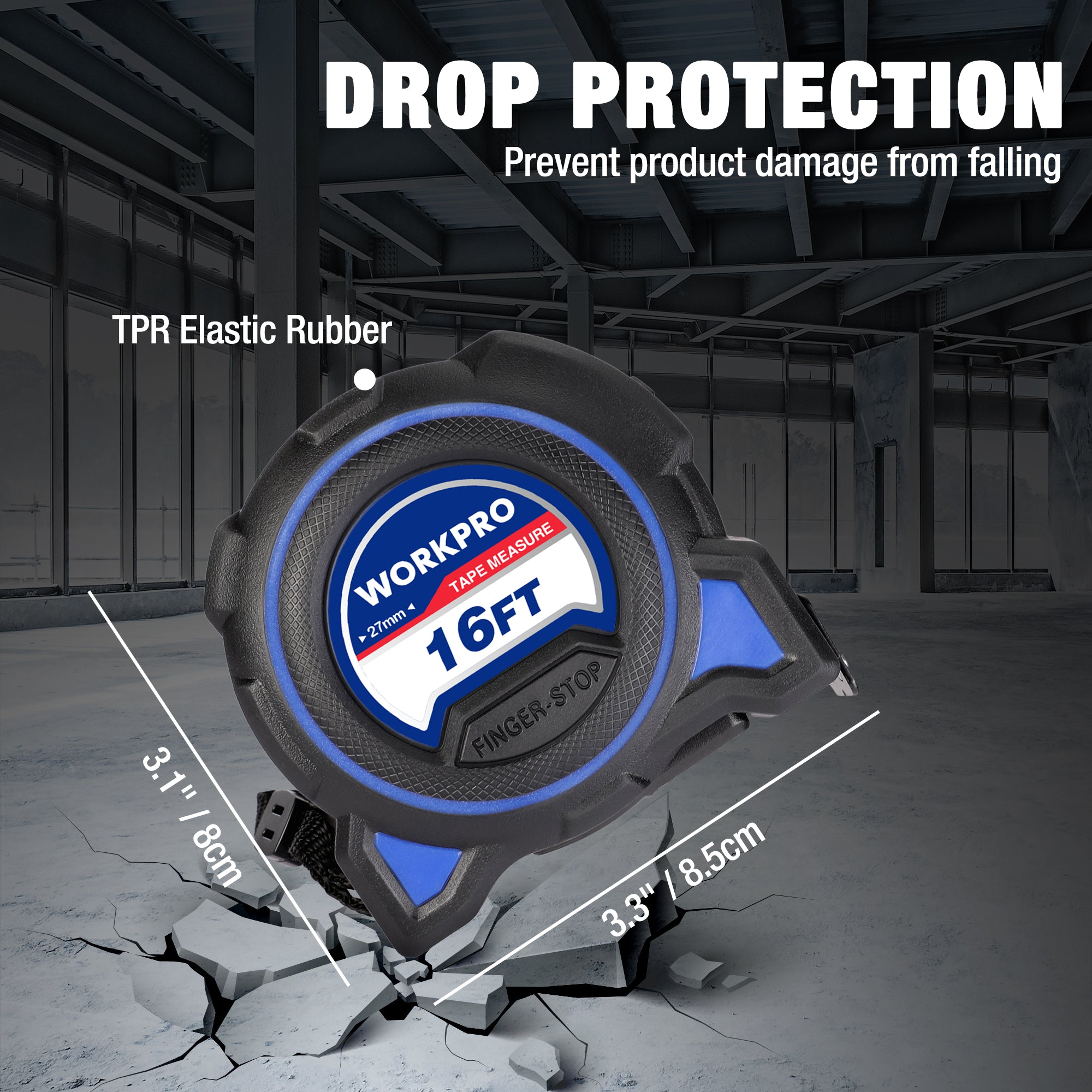 Retractable tape measure with blue trim and rugged rubber casing, showing 16ft blade