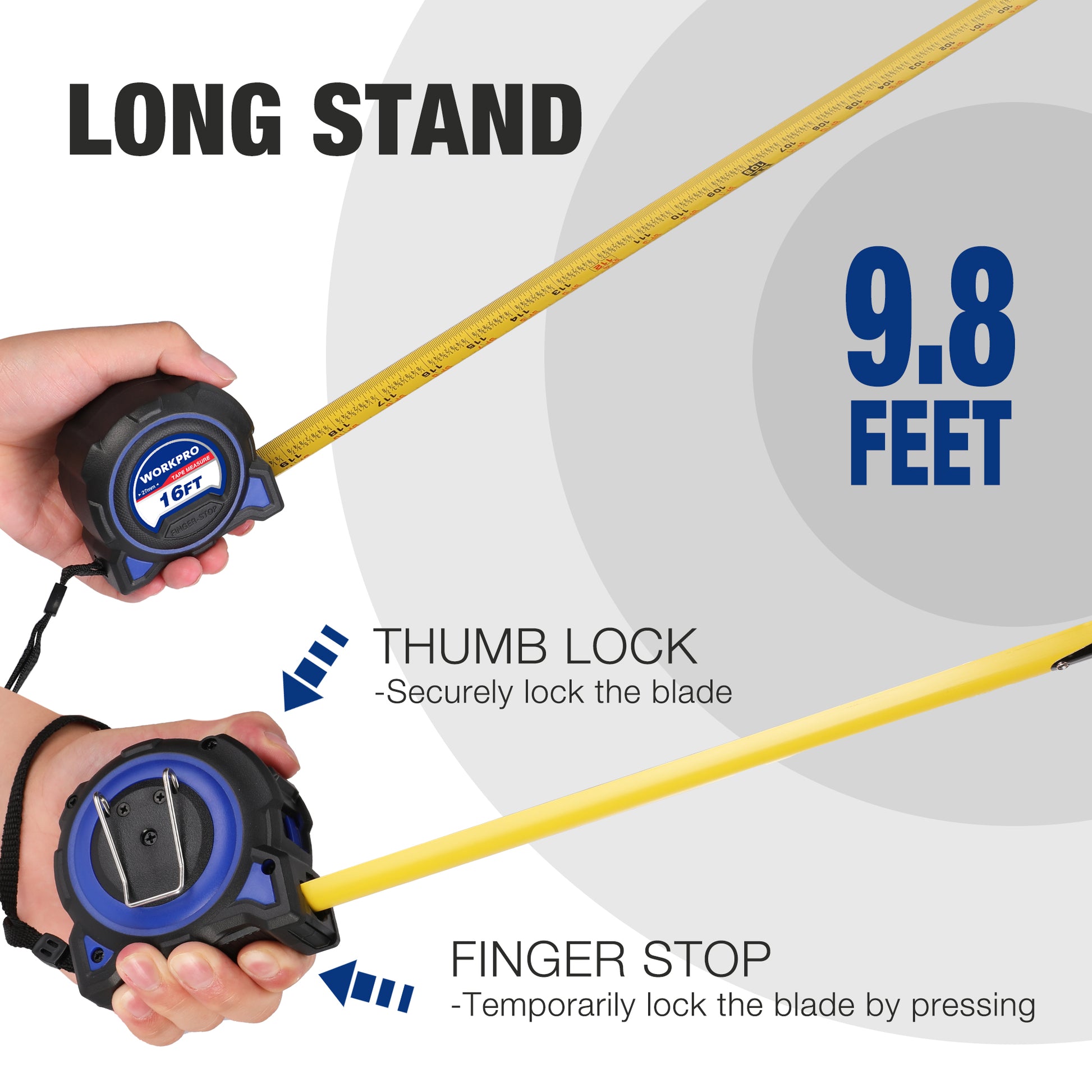 Retractable tape measure with long stand, yellow blade, thumb lock and finger stop