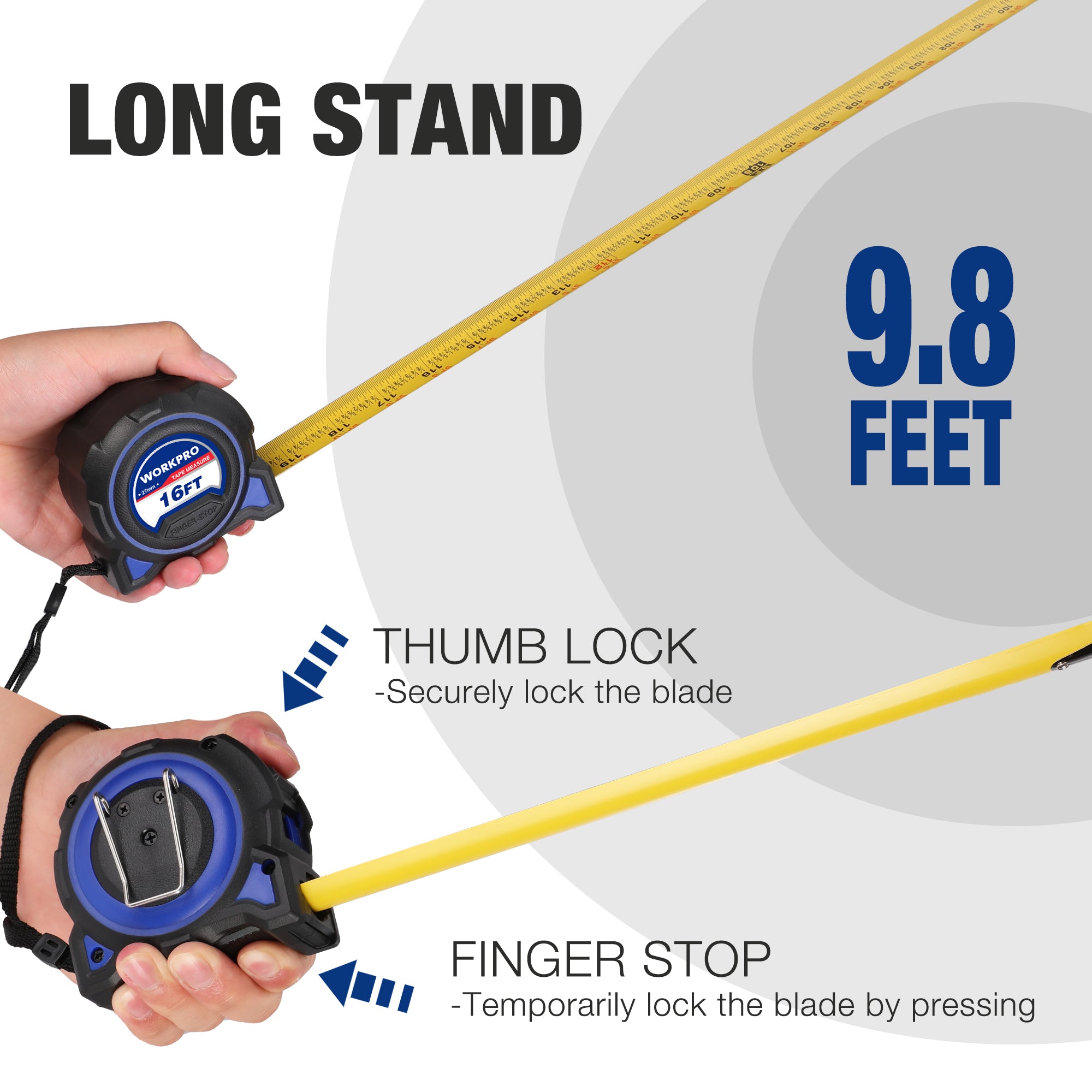 Retractable tape measure with long stand, yellow blade, thumb lock and finger stop