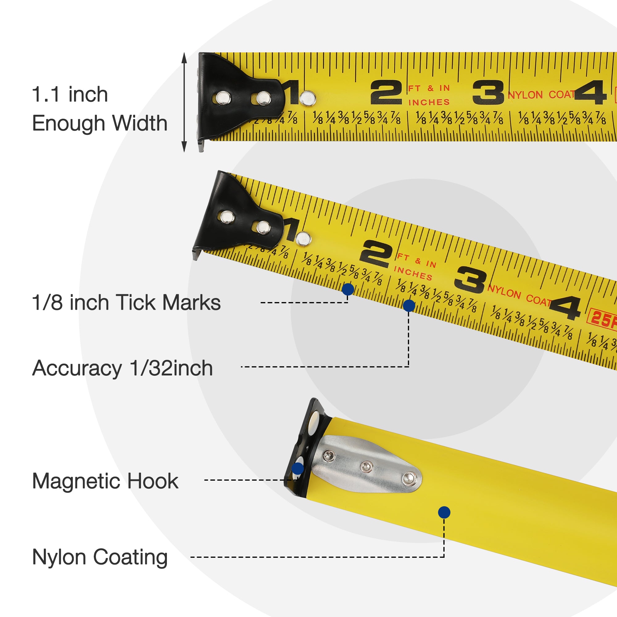 Yellow tape measure blade with inch tick marks and magnetic hook, nylon-coated housing