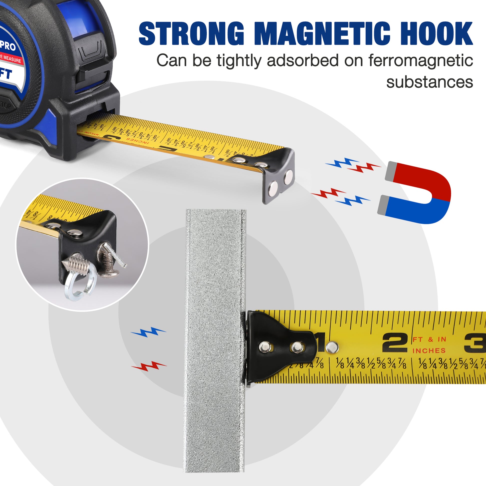 Retractable tape measure with strong magnetic hook holding to metal, showing yellow blade