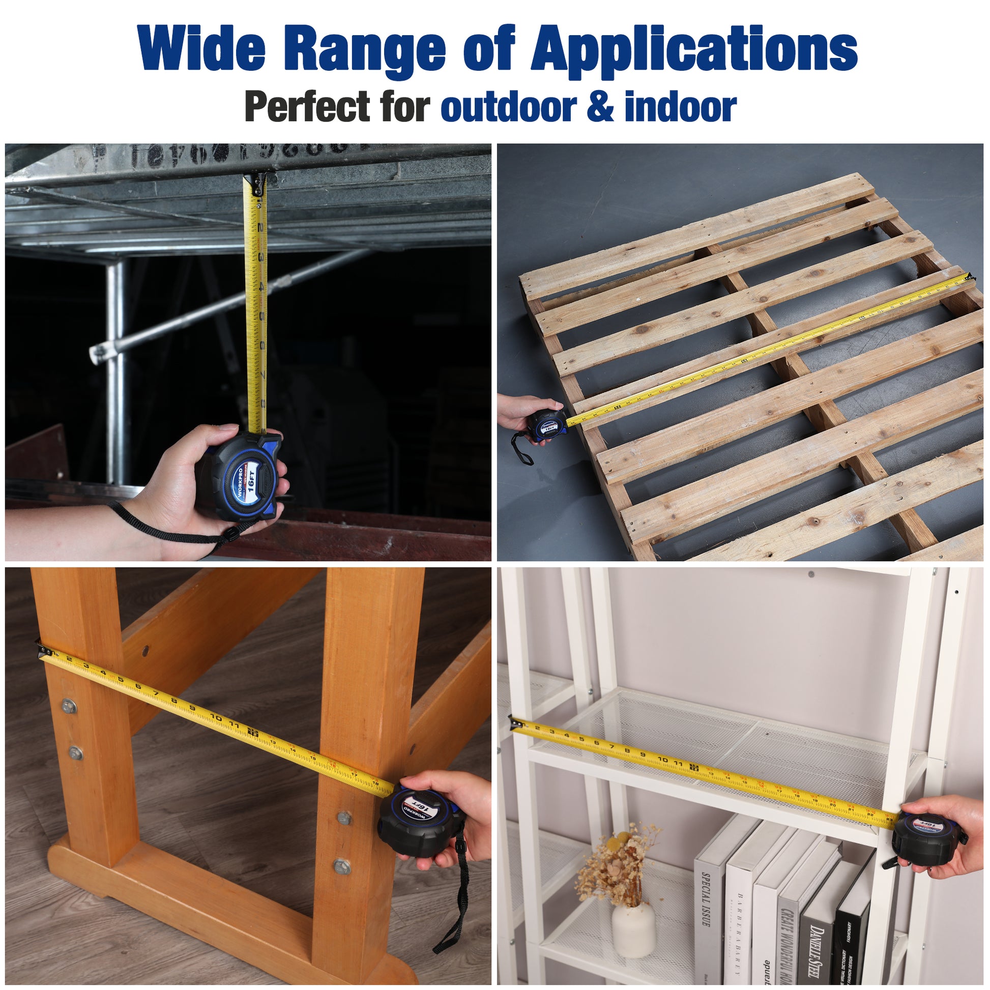 Retractable tape measure in use on wood and shelving, black-blue case with yellow tape