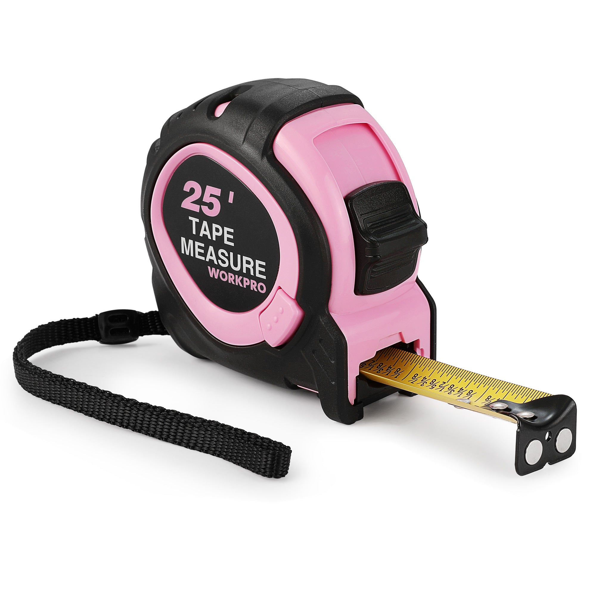 WORKPRO 25-FT Tape Measure with Fractions, 3 Brakes Retractable Measuring Tape, Compact Measurement Tape with Magnetic Hook, Nylon Coating Blade Accuracy 1/32¡±, Pink