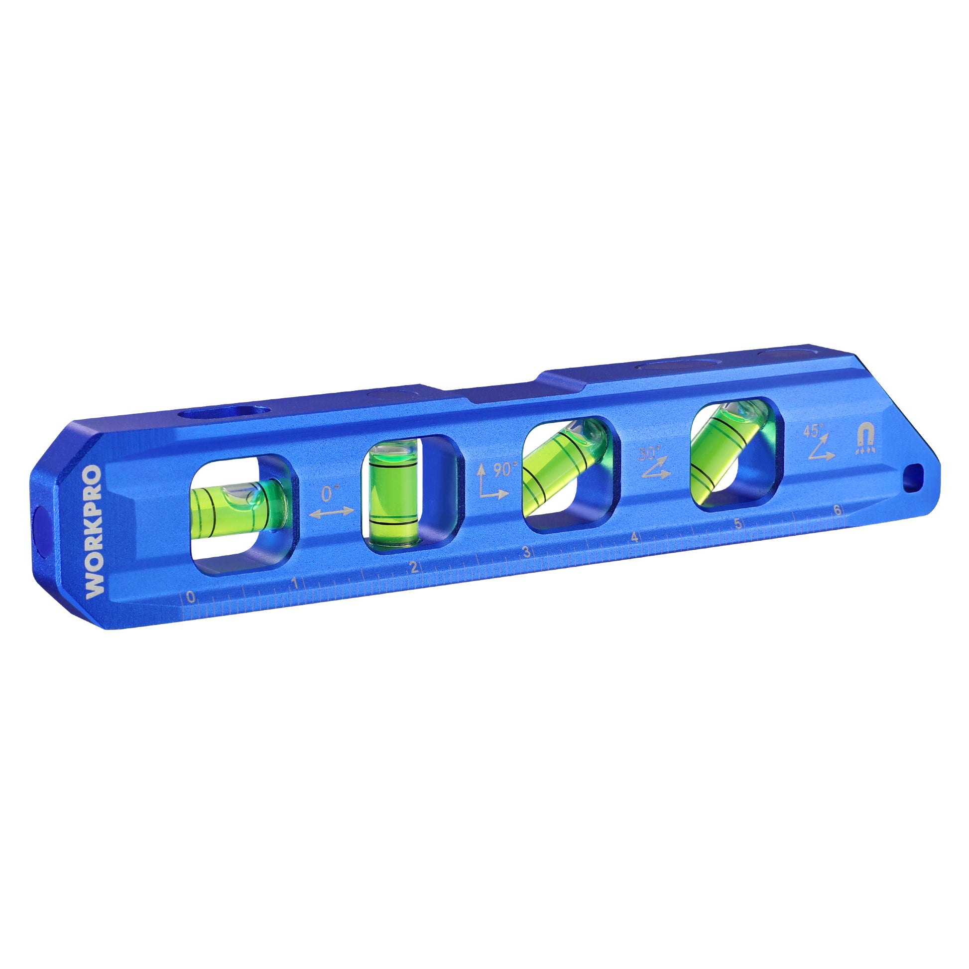 WORKPRO 8 inch magnetic torpedo level in cobalt blue with 4 bubble vials, innovation quality secure