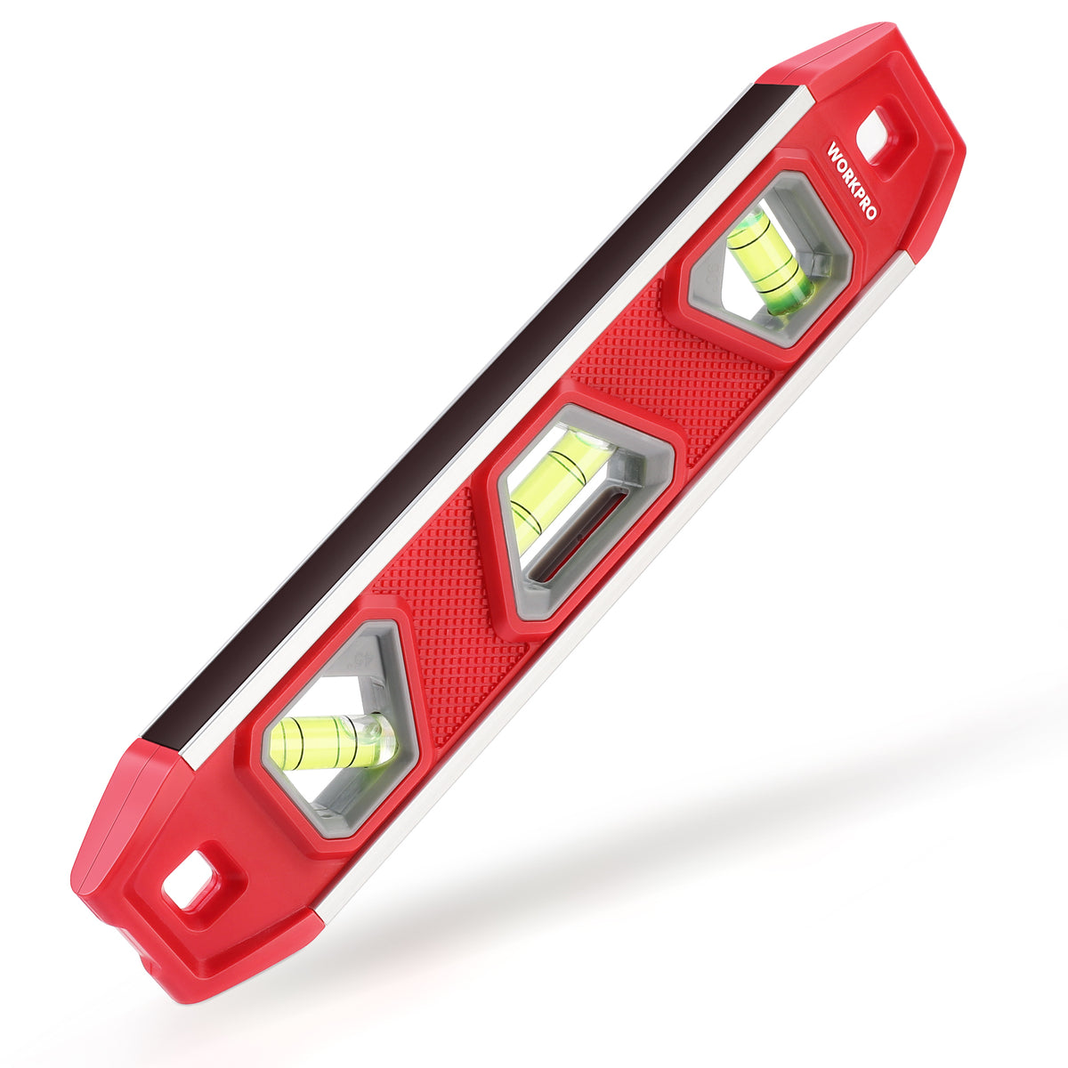 WORKPRO 9-Inch Torpedo Level Magnetic, Small Leveler Tool with 3 Different Bubbles 45°/90°/180° and Overhead Viewing Window, Shock Resistant Bubble Level V-Groove for Measuring plumbing, wood, etc.