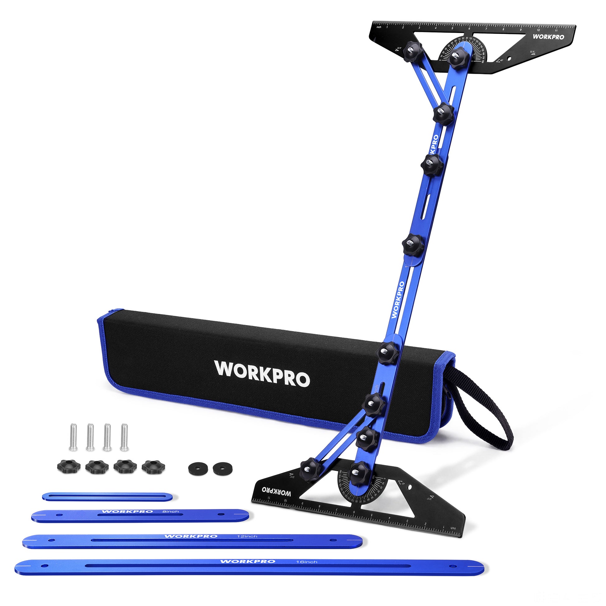 WORKPRO Stair Tread Template Tool with blue aluminum alloy frame, innovation quality and secure durable design