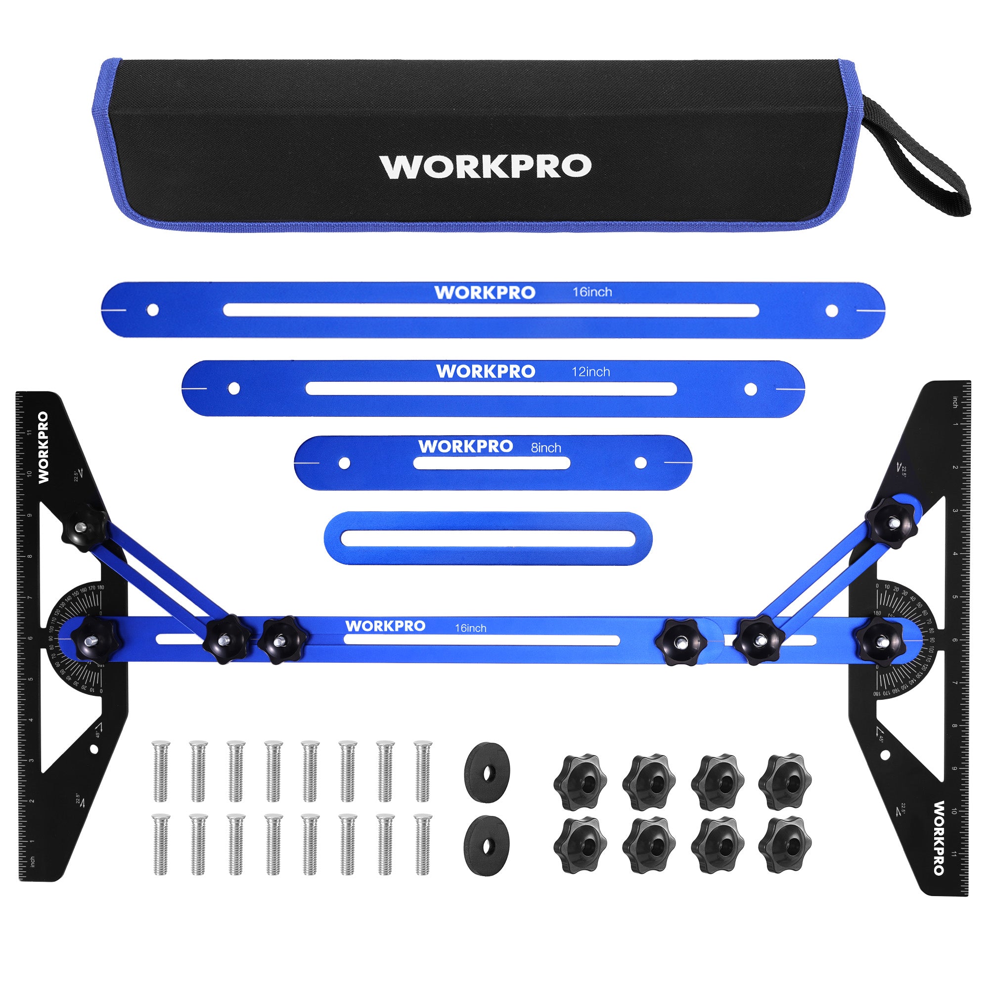 WORKPRO Stair Tread Template Tool in blue aluminum alloy with innovation, quality, and secure durable measuring