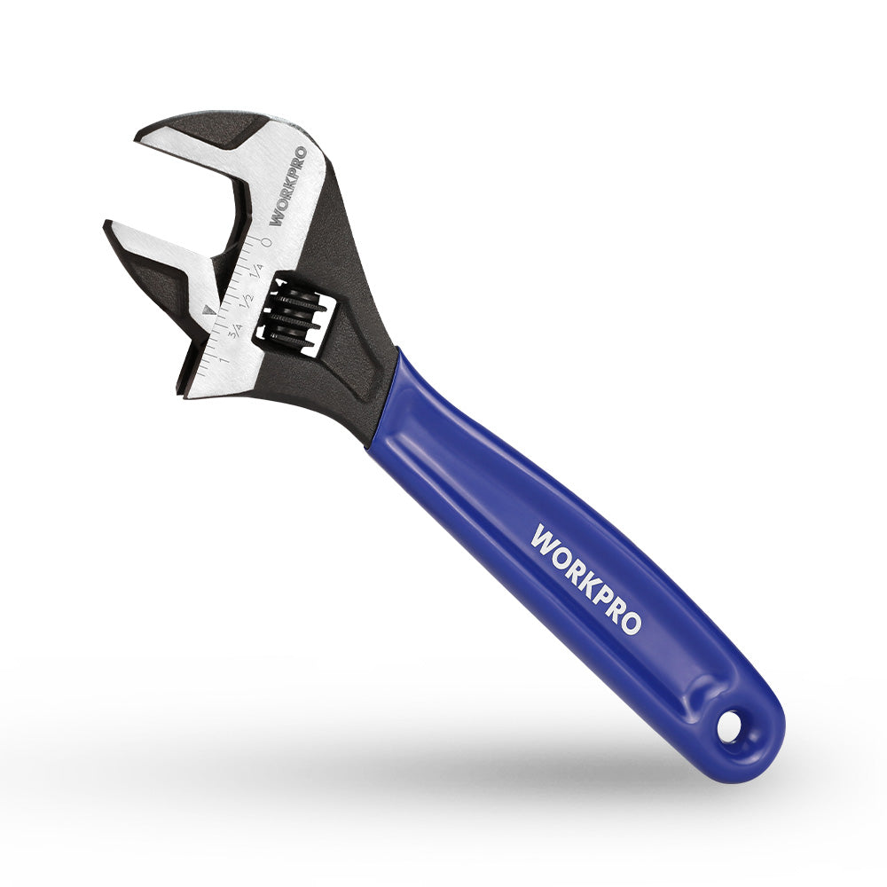 WORKPRO 8-Inch Adjustable Wrench with blue handle, black oxide CR-V wide jaw, durable quality innovation