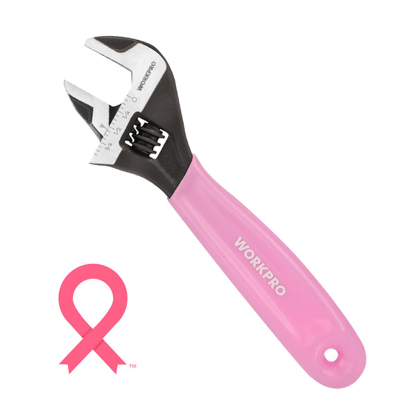 WORKPRO 6-Inch Cr-V Steel Pink Adjustable Wrench, Wide Jaw Black Oxide, Metric & SAE Scales - Pink Ribbon