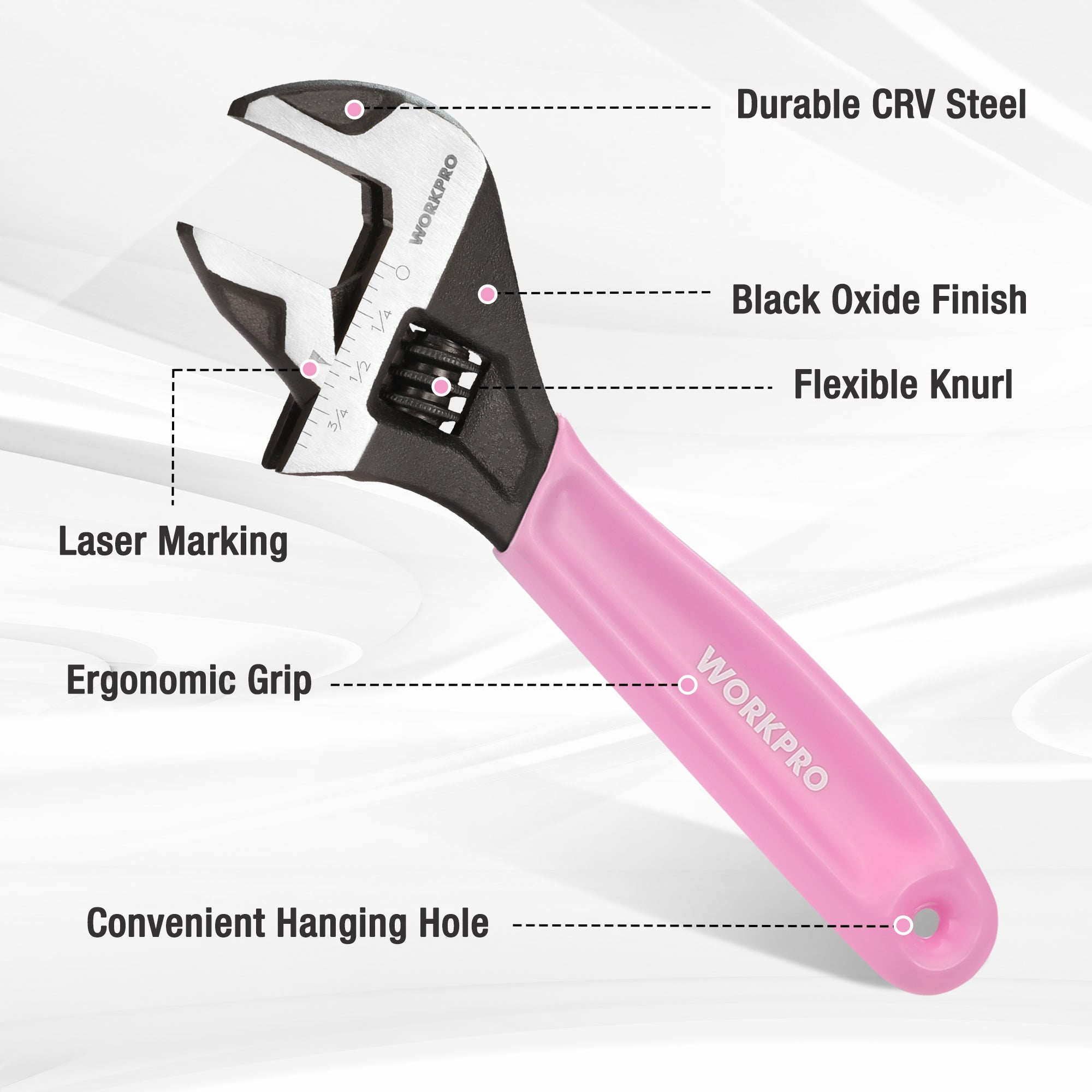 Pink WORKPRO adjustable wrench with knurled adjustment area and hanging hole