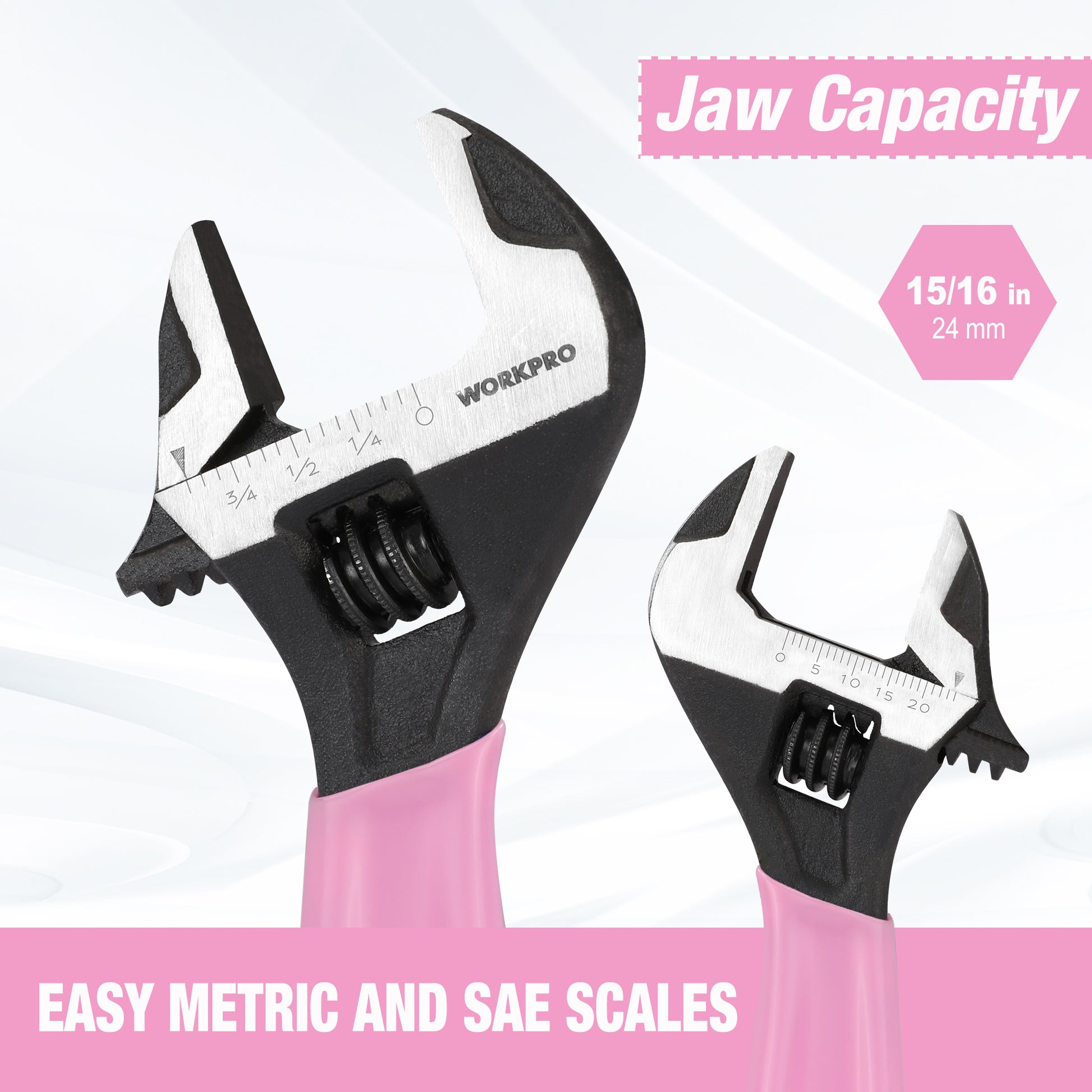 WORKPRO pink-handled adjustable wrench with wide jaw and engraved measurement scale