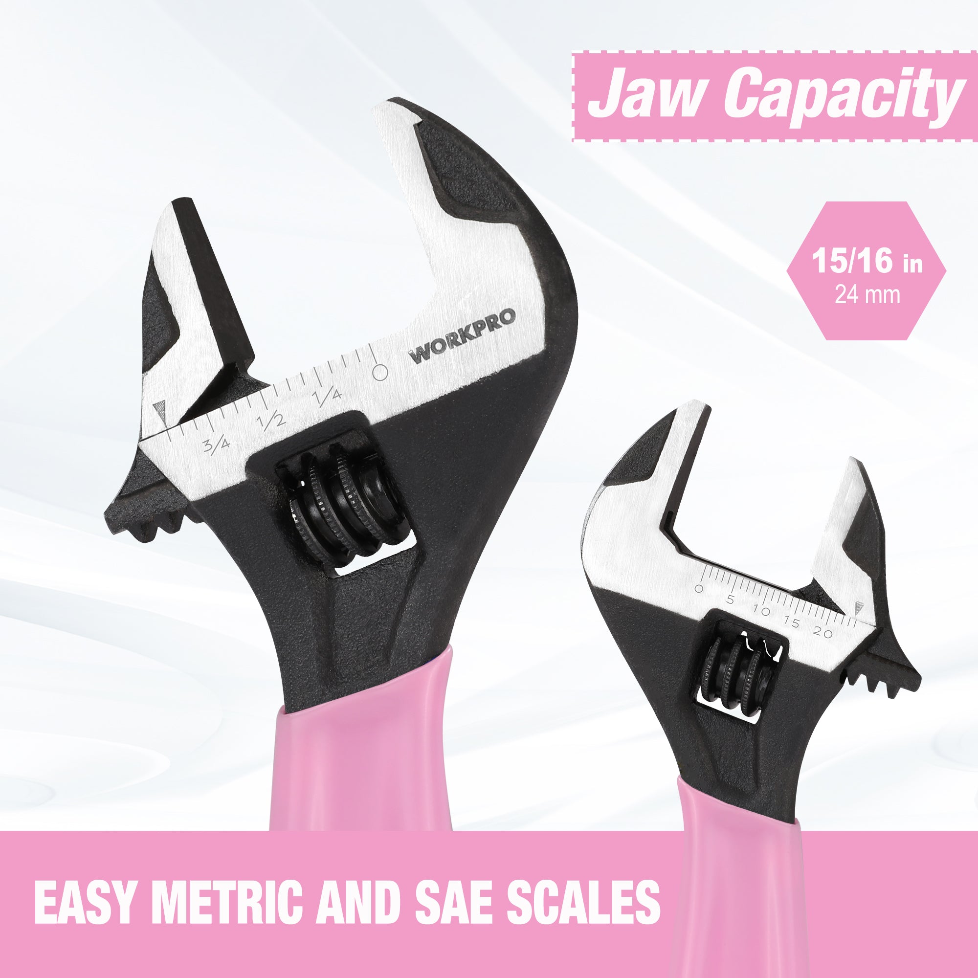 WORKPRO pink-handled adjustable wrench with wide jaw and engraved measurement scale