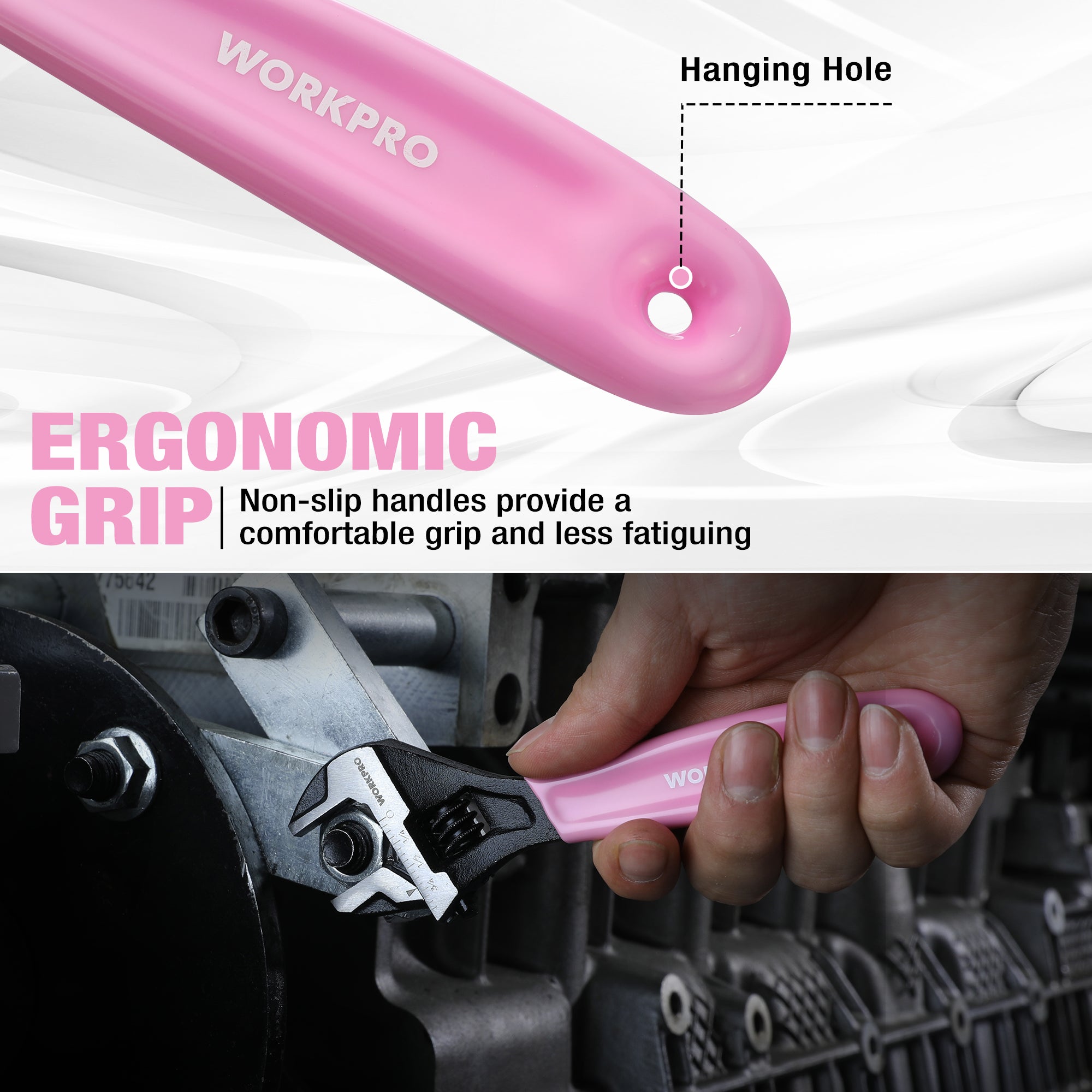 Pink WORKPRO adjustable wrench with ergonomic non-slip grip and hanging hole