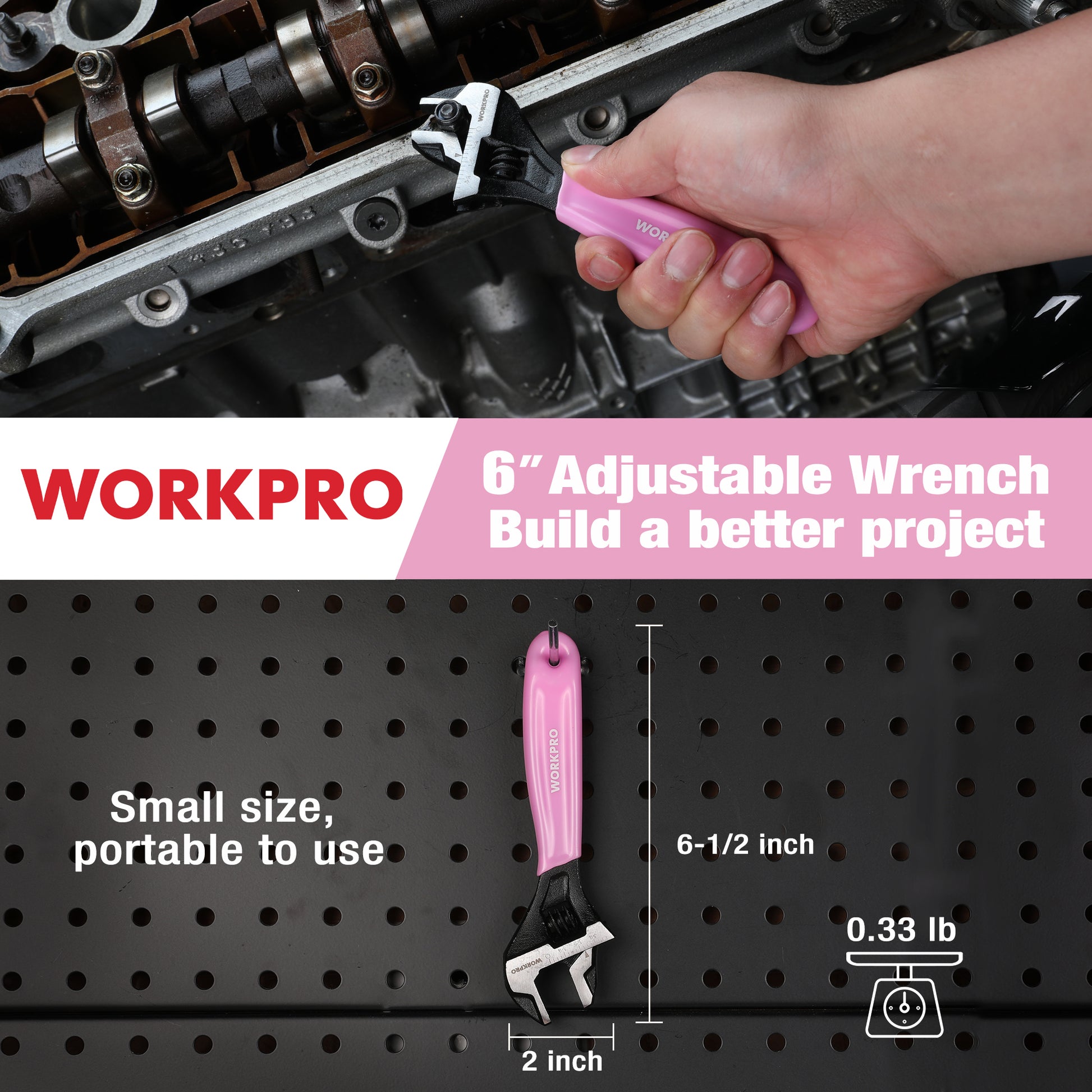 WORKPRO pink 6-inch adjustable wrench held in a tool workspace