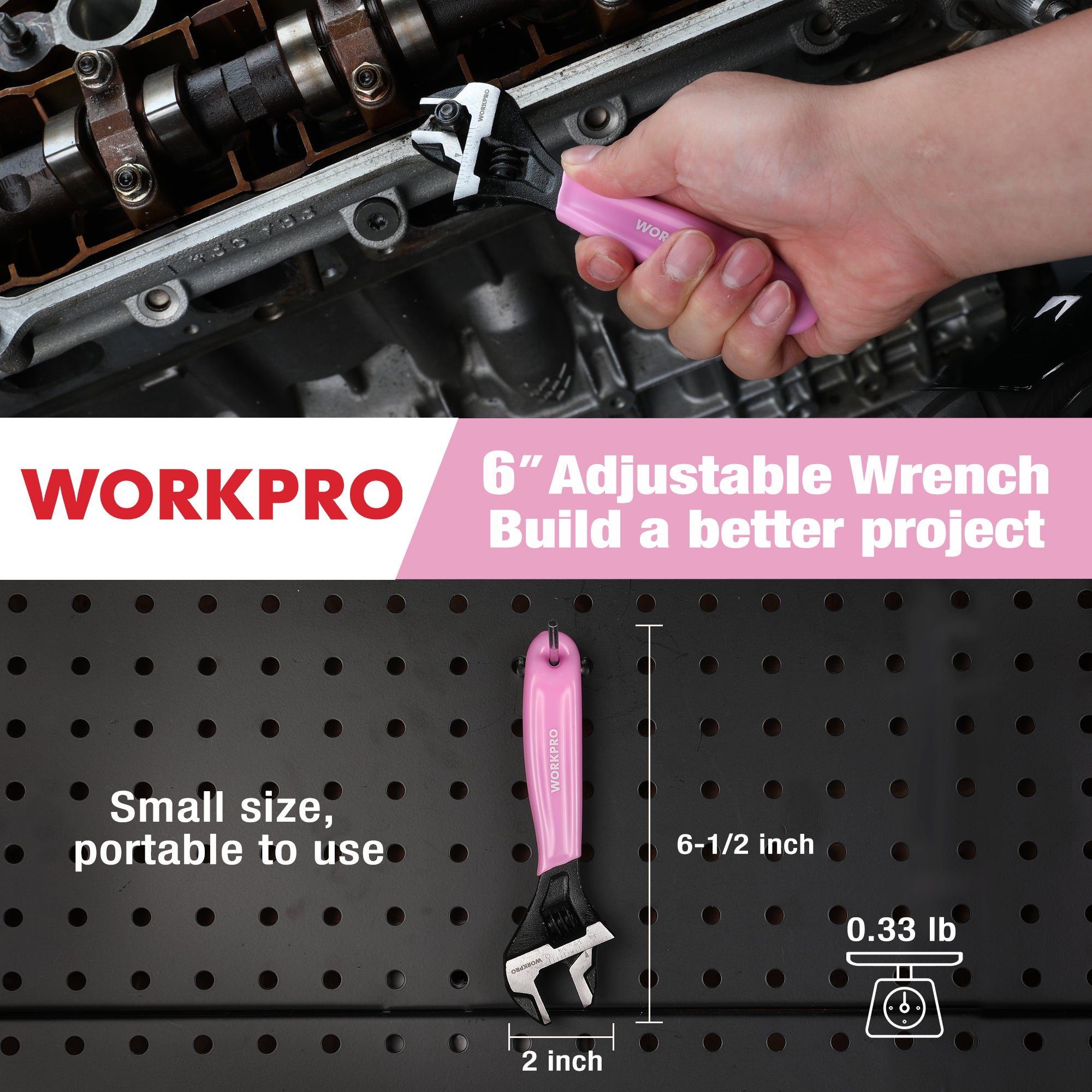 WORKPRO pink 6-inch adjustable wrench held in a tool workspace