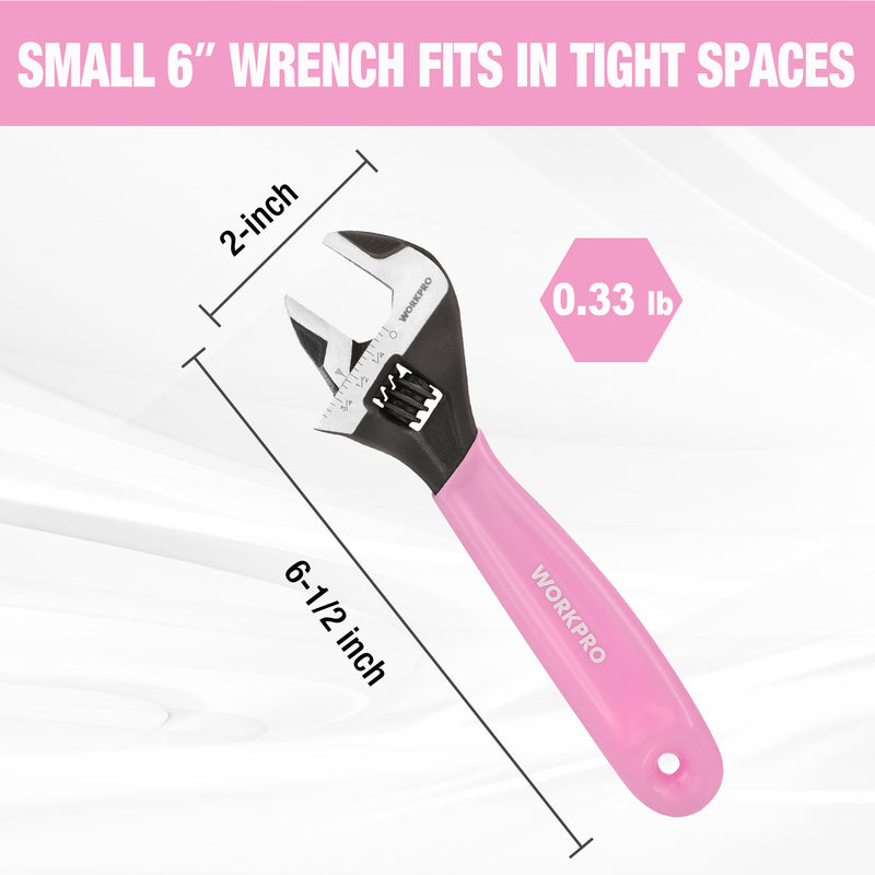 WORKPRO 6-Inch Cr-V Steel Pink Adjustable Wrench, Wide Jaw Black Oxide, Metric & SAE Scales - Pink Ribbon