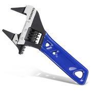 Blue 4-inch adjustable wrench with knurled worm-wheel adjuster and jaw scale markings