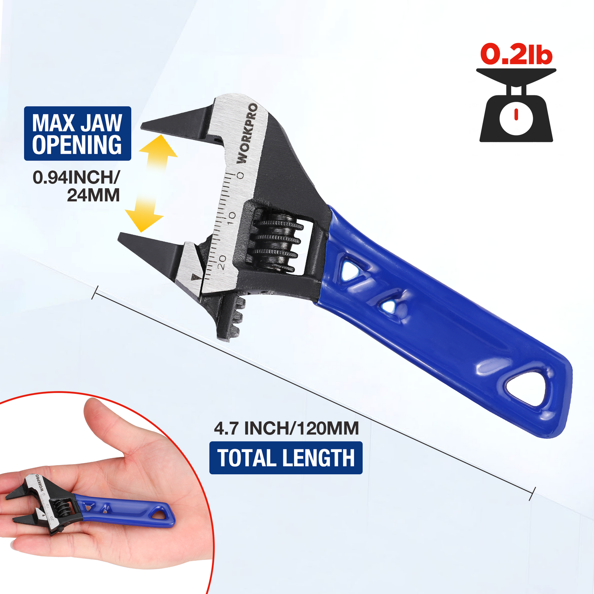 Blue adjustable wrench with wide jaw opening and measurement markings on metal scale