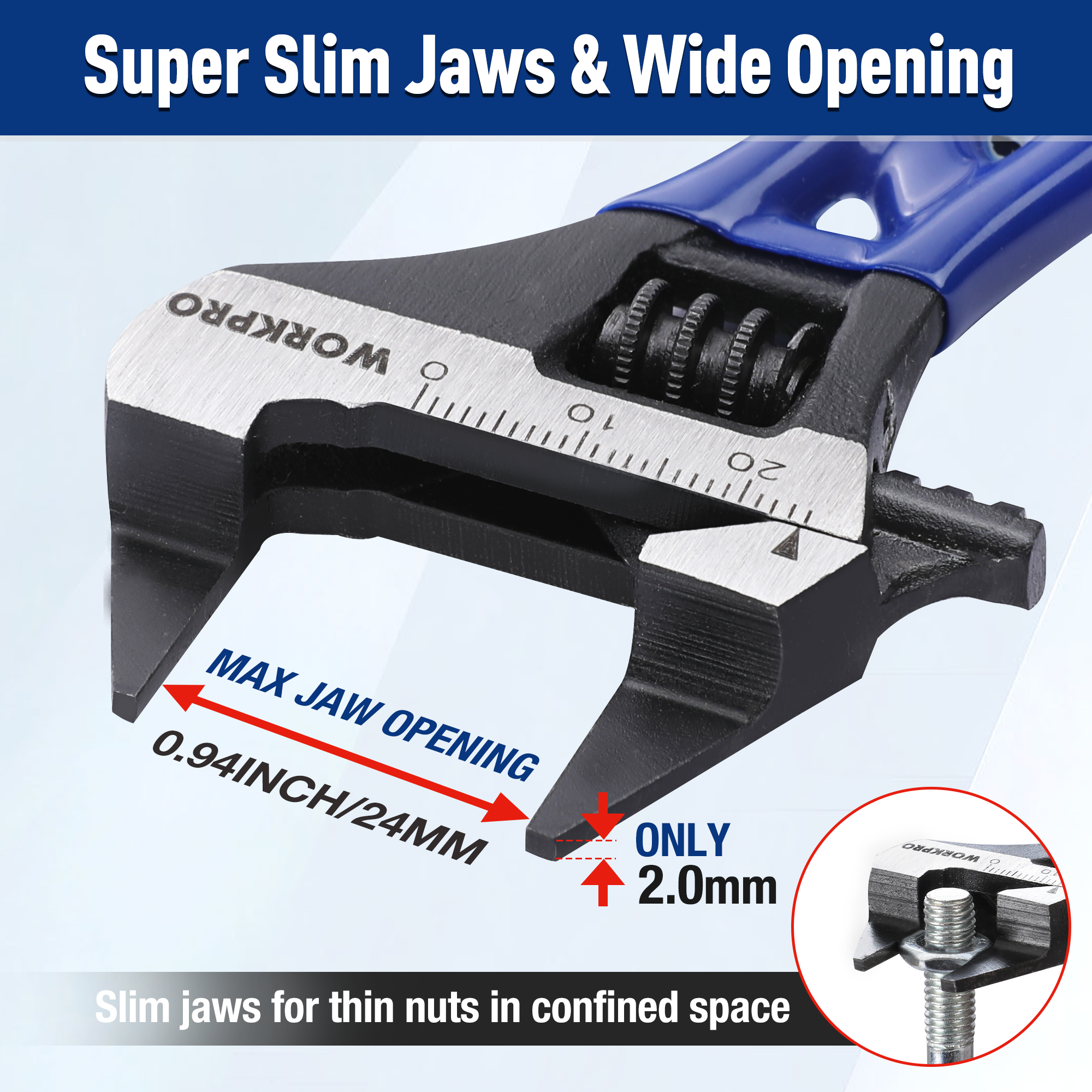 Slim black-and-blue adjustable wrench with wide jaw opening and engraved ruler on head