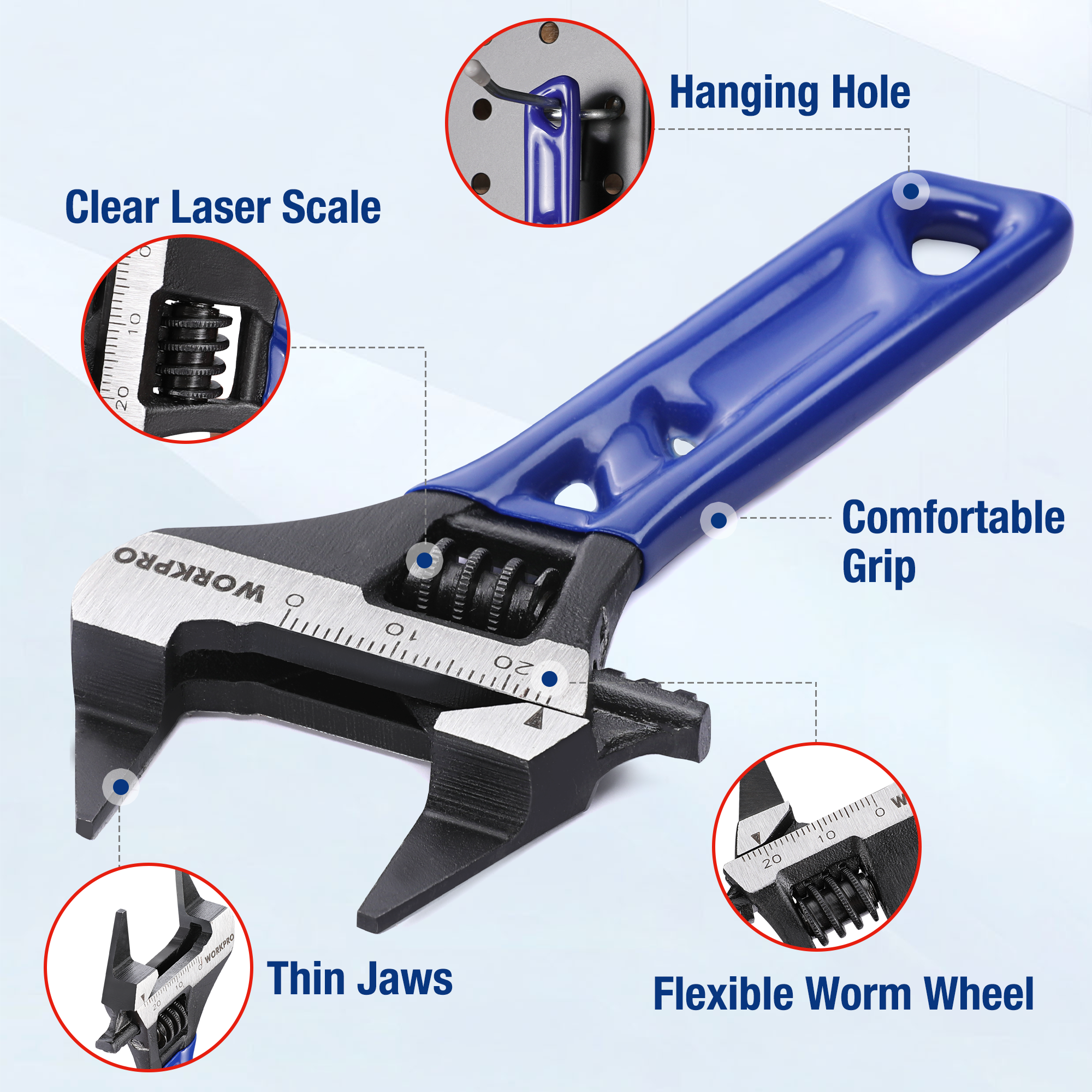 Blue adjustable wrench with hanging hole, comfort grip, and clear scale on jaw