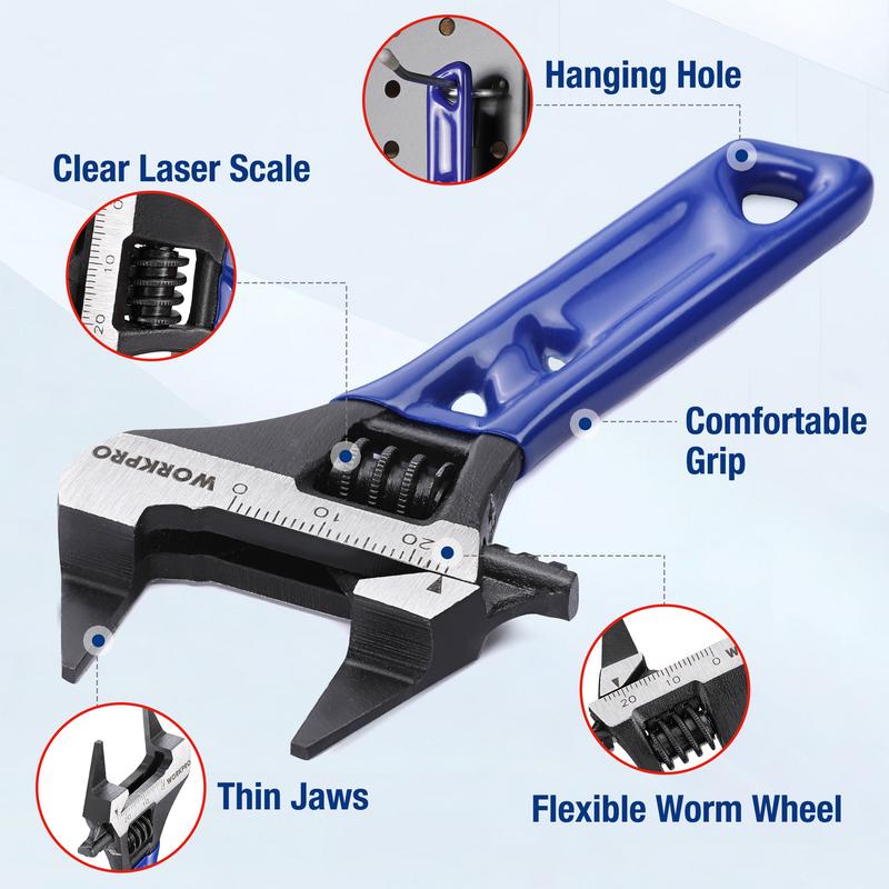 WORKPRO 4-Inch Adjustable Wrench, Wide Jaw Opening, Cr-V Steel, Metric/SAE