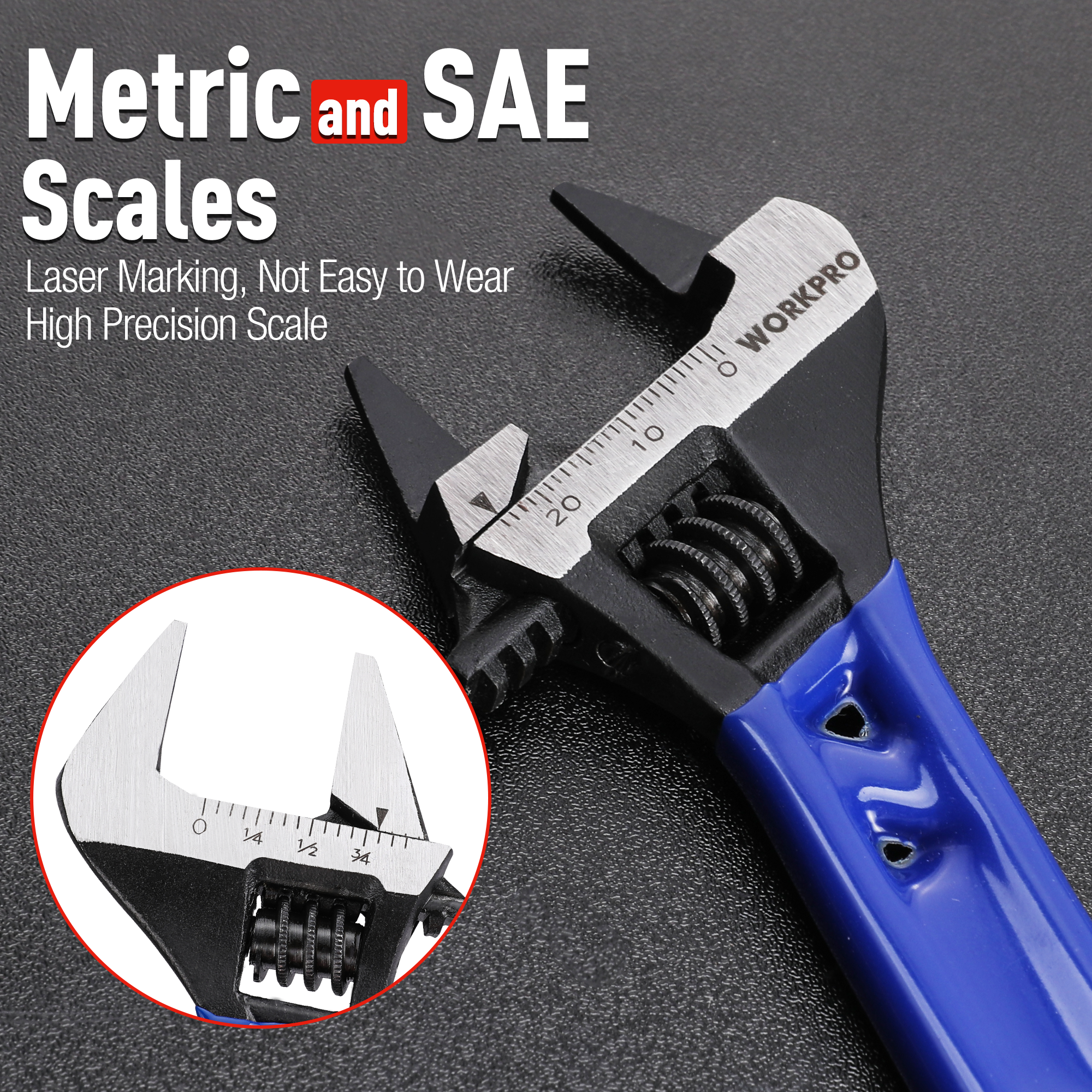 Blue adjustable wrench with engraved metric/SAE scale on silver jaw and worm-wheel