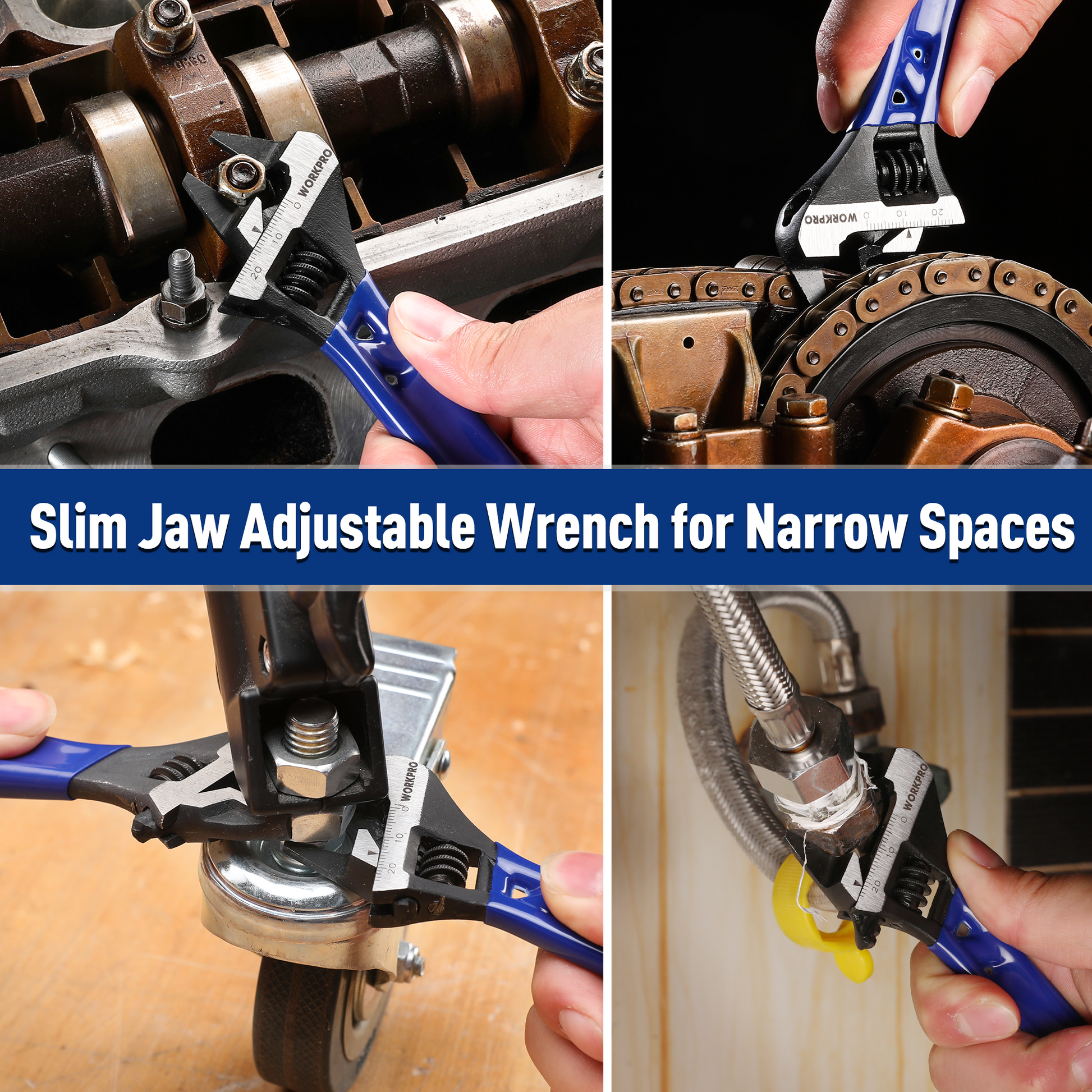 Blue slim adjustable wrench used on a metal fitting in tight spaces